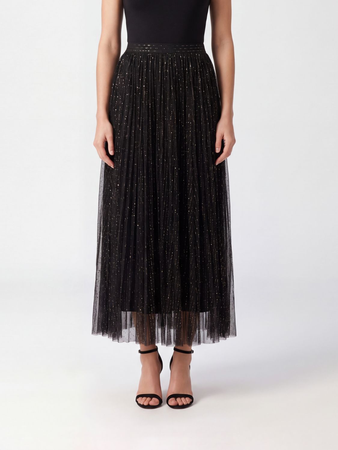 Twinset High-Waisted Pleated Midi Skirt in Tulle with Side Zip Closure