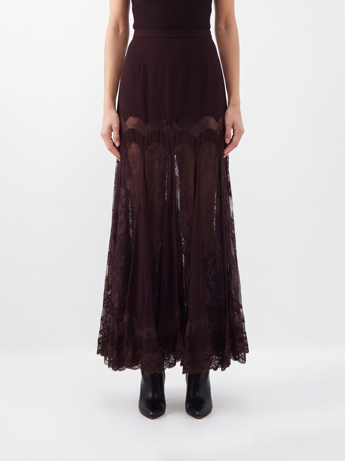 Zimmermann High-Waisted Silk Crêpe Long Skirt with Lace Inserts