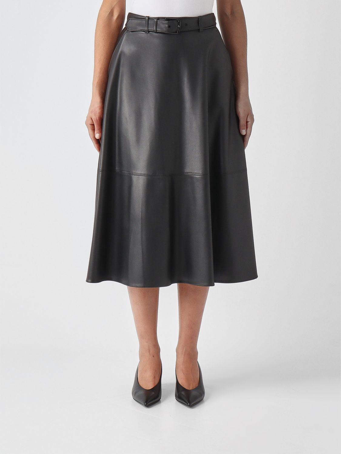 MM Max Mara Faux Leather Flared Midi Skirt with Belted Waist
