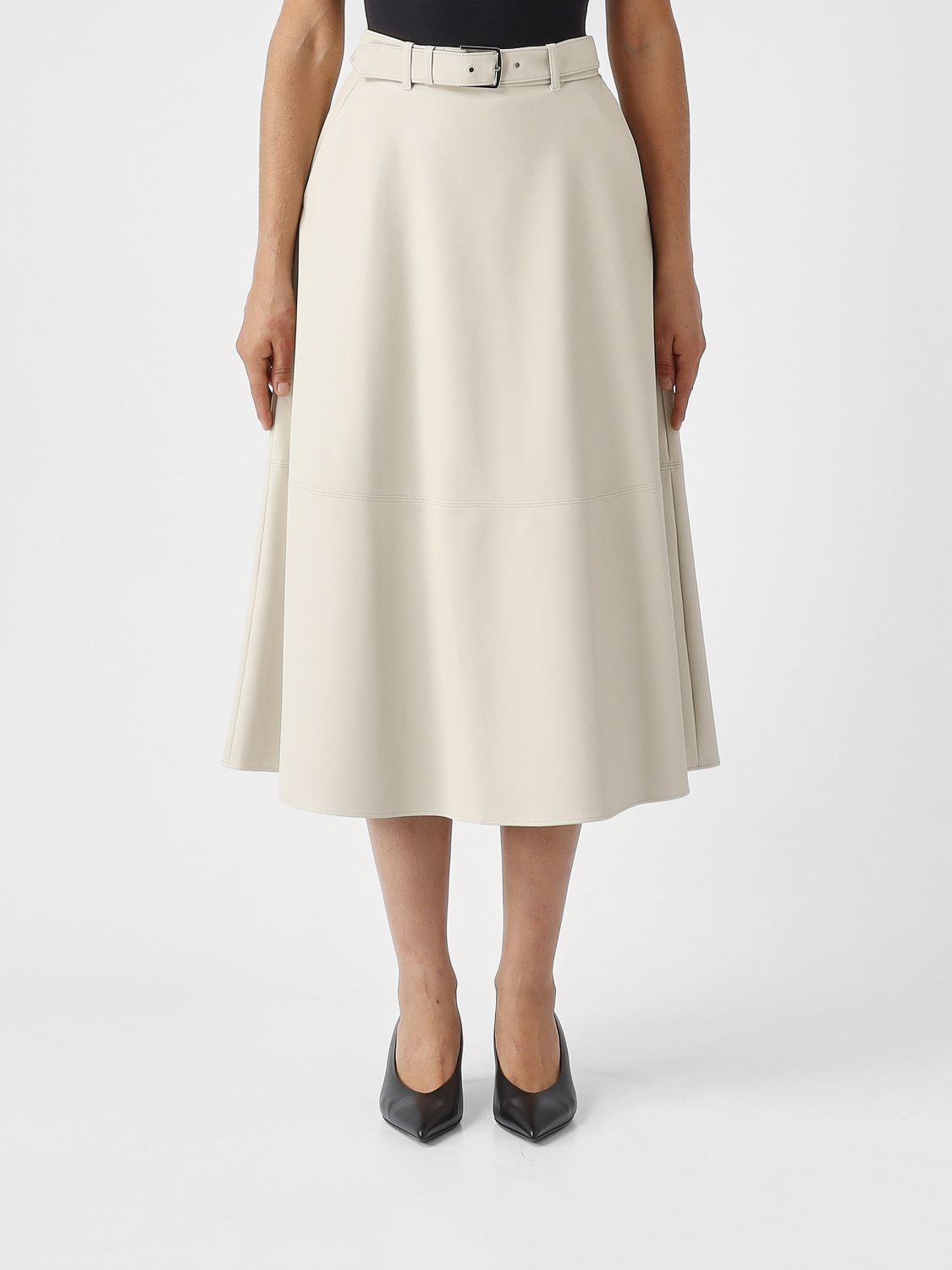 MM Max Mara Faux Leather Flared Midi Skirt with Belted Waist