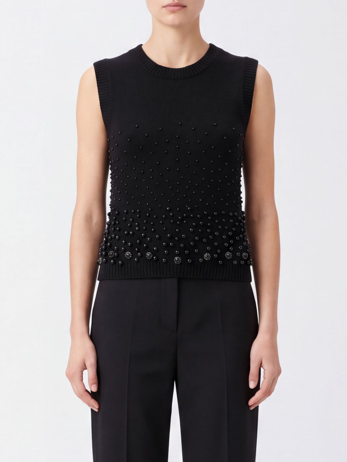Semicouture Sleeveless Slim Fit Wool and Cashmere Top with Pearls