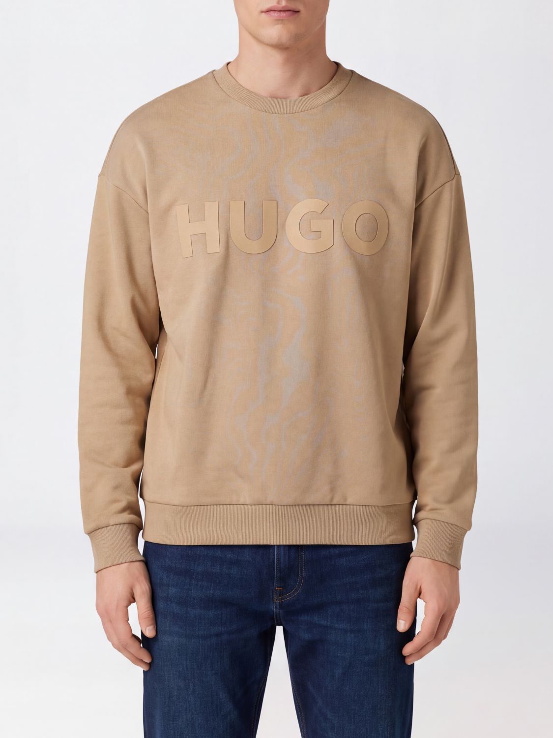 HUGO Felpa girocollo in cotone a maniche lunghe con logo tono su tono