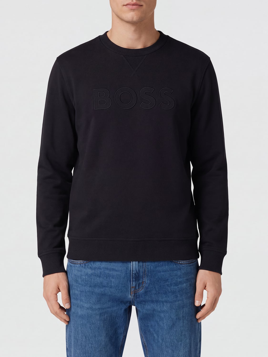BOSS Crew-Neck Cotton Jumper with Tone-on-Tone Logo