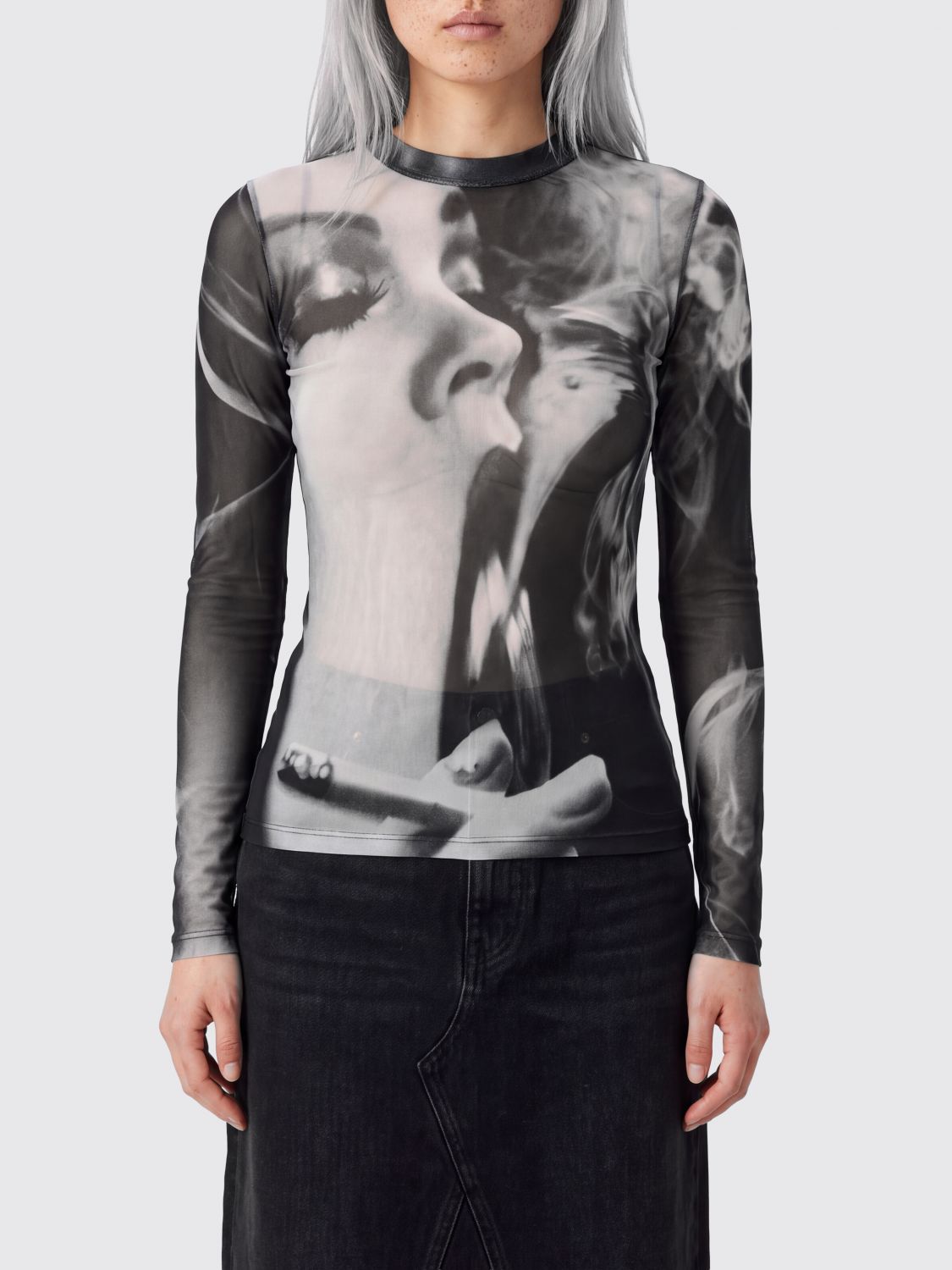 Jean Paul Gaultier Slim Fit Graphic Print Top in Stretch Nylon with Long Sleeves