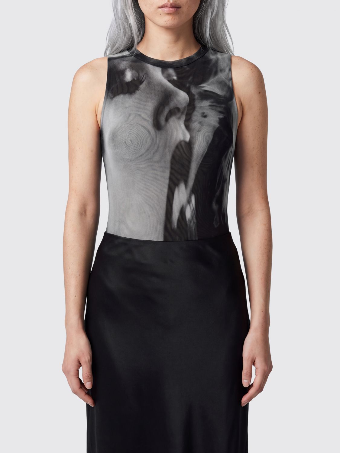 JEAN PAUL GAULTIER Sleeveless Slim Fit Graphic Print Top in Stretch Nylon JEAN PAUL GAULTIER Sleeveless Slim Fit Graphic Print Top in Stretch Nylon