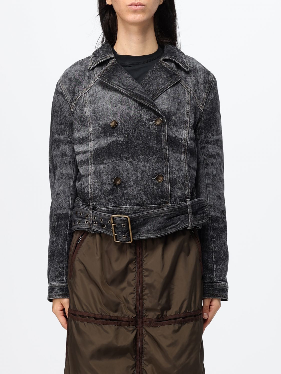 DIESEL Cropped Abstract Print Biker Jacket in Worn-Out Denim with Belt