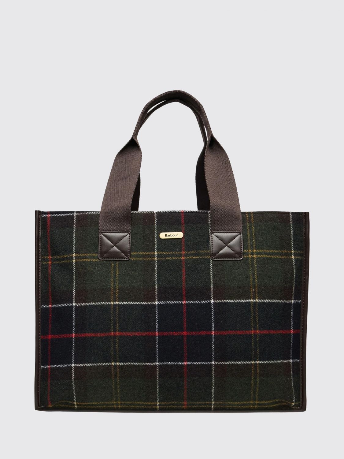 BARBOUR Tartan Pattern Wool Blend Tote Bag with Magnetic Closure
