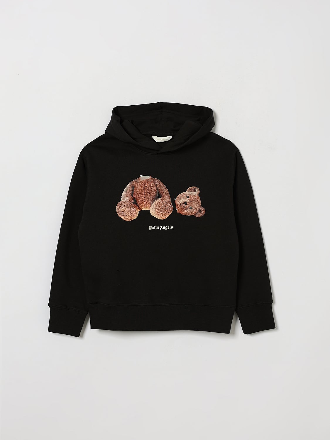 PALM ANGELS Boy's Black Cotton Hoodie with Iconic Teddy Bear Print and Logo