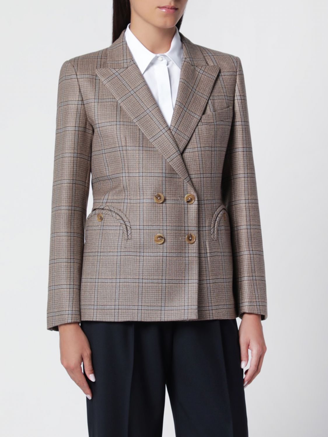 BLAZÉ MILANO Karierter Doppelreiher-Blazer aus Seide und Leinen mit steigendem Revers