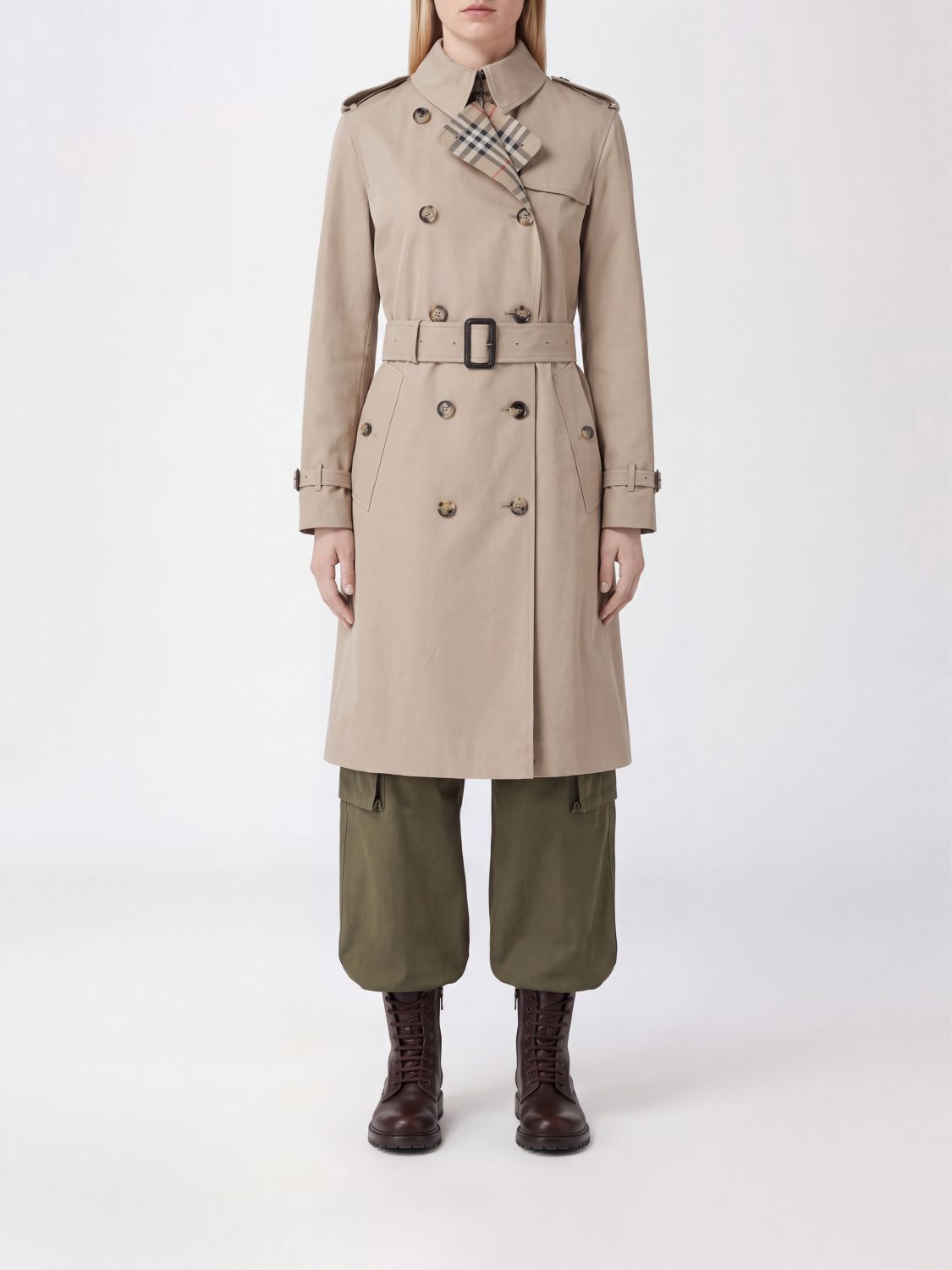 BURBERRY Langer Doppelreiher-Trenchcoat aus Baumwolle mit Check-Futter