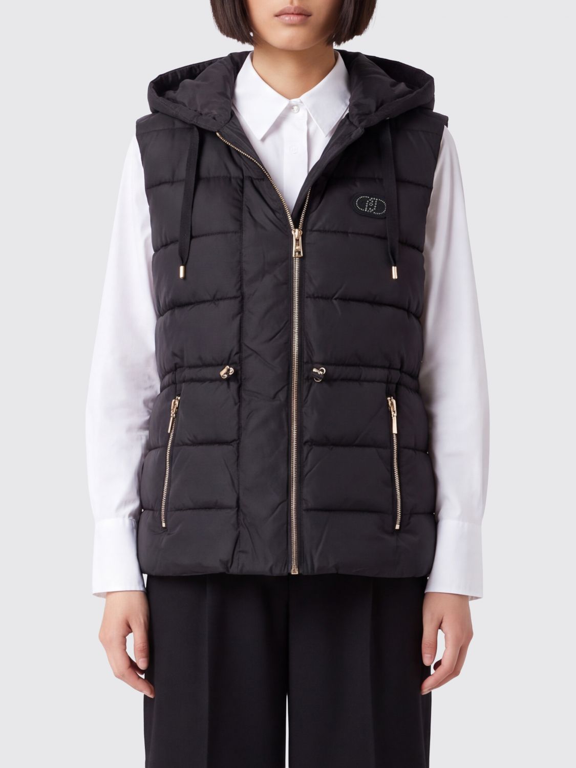LIU JO Gilet imbottito in nylon trapuntato con cappuccio e logo di strass