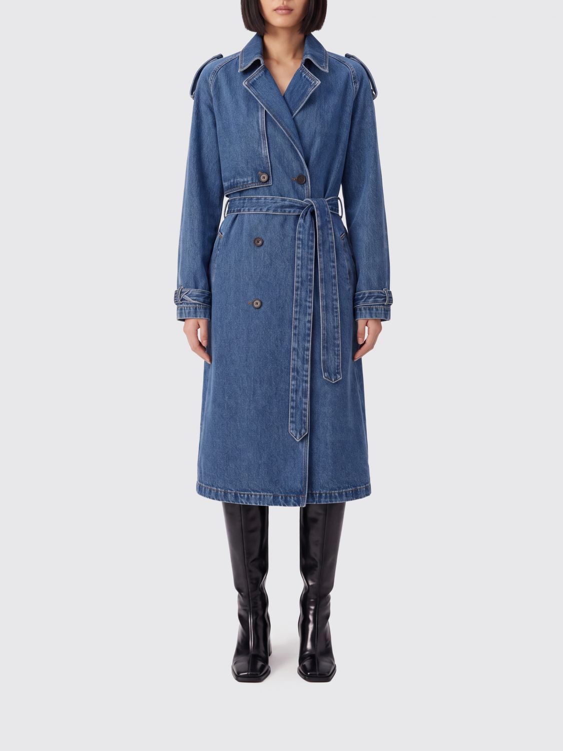 ANINE BING Long Double-Breasted Trench Coat in Cotton Denim with a Waist Belt ANINE BING Long Double-Breasted Trench Coat in Cotton Denim with a Waist Belt