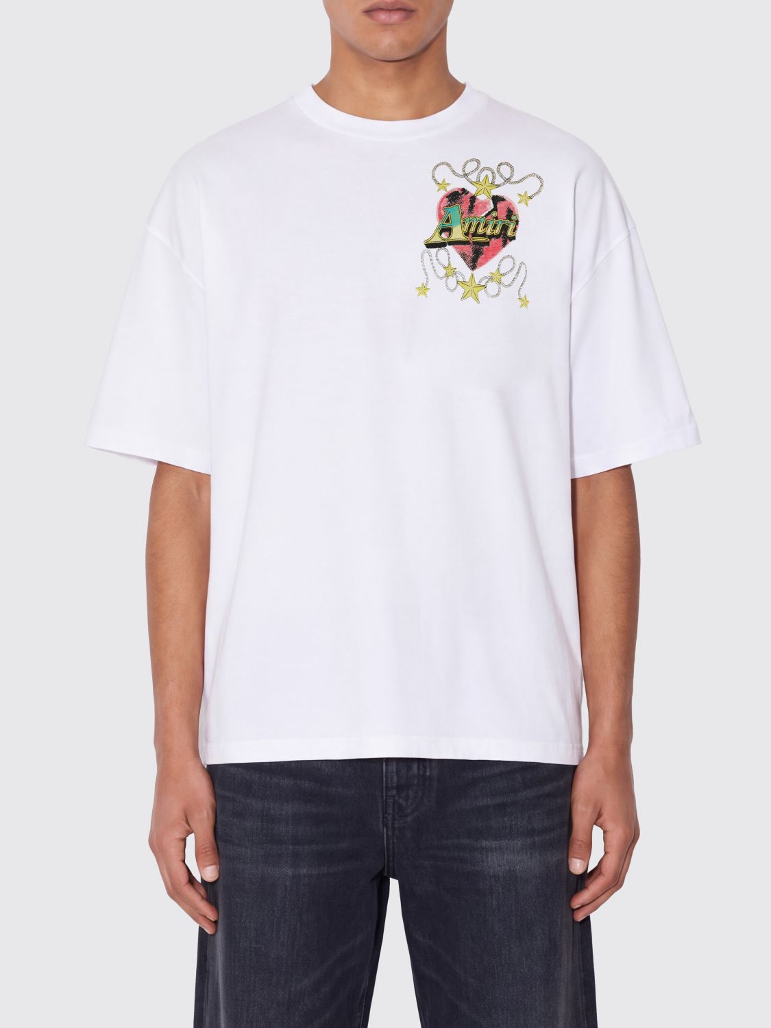 AMIRI White Cotton T-Shirt with Graphic Print and Dropped Shoulders