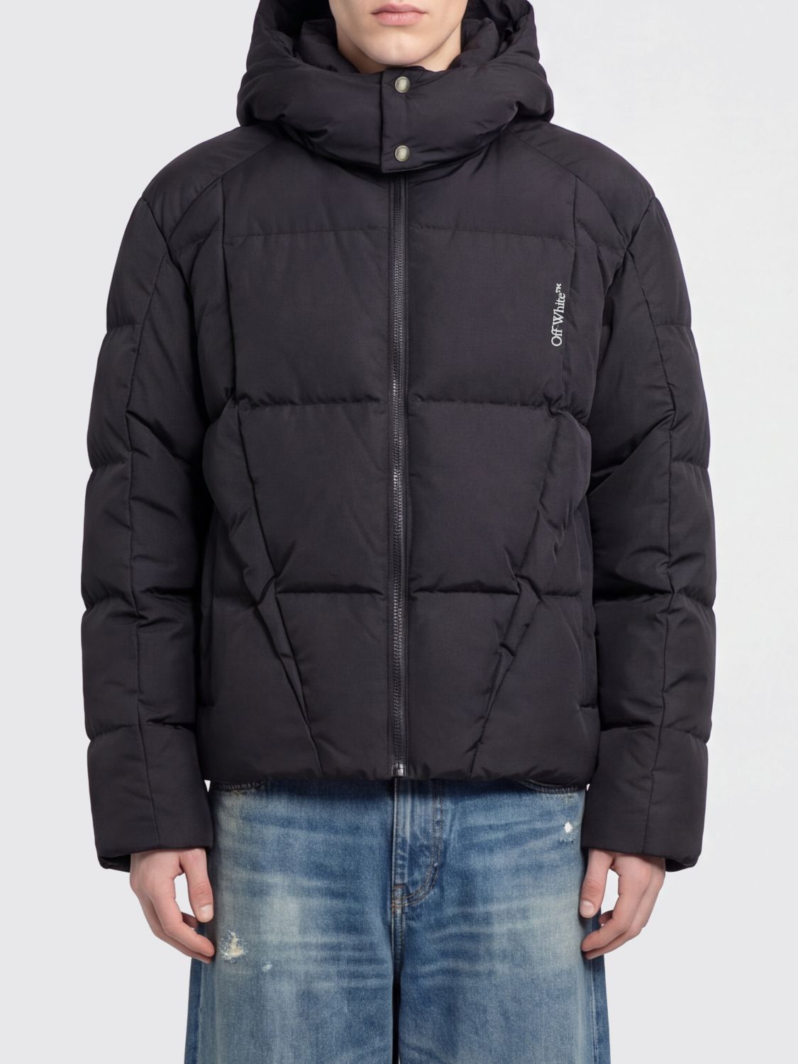 Off-White Short Quilted Puffer Jacket in Technical Fabric with Hood
