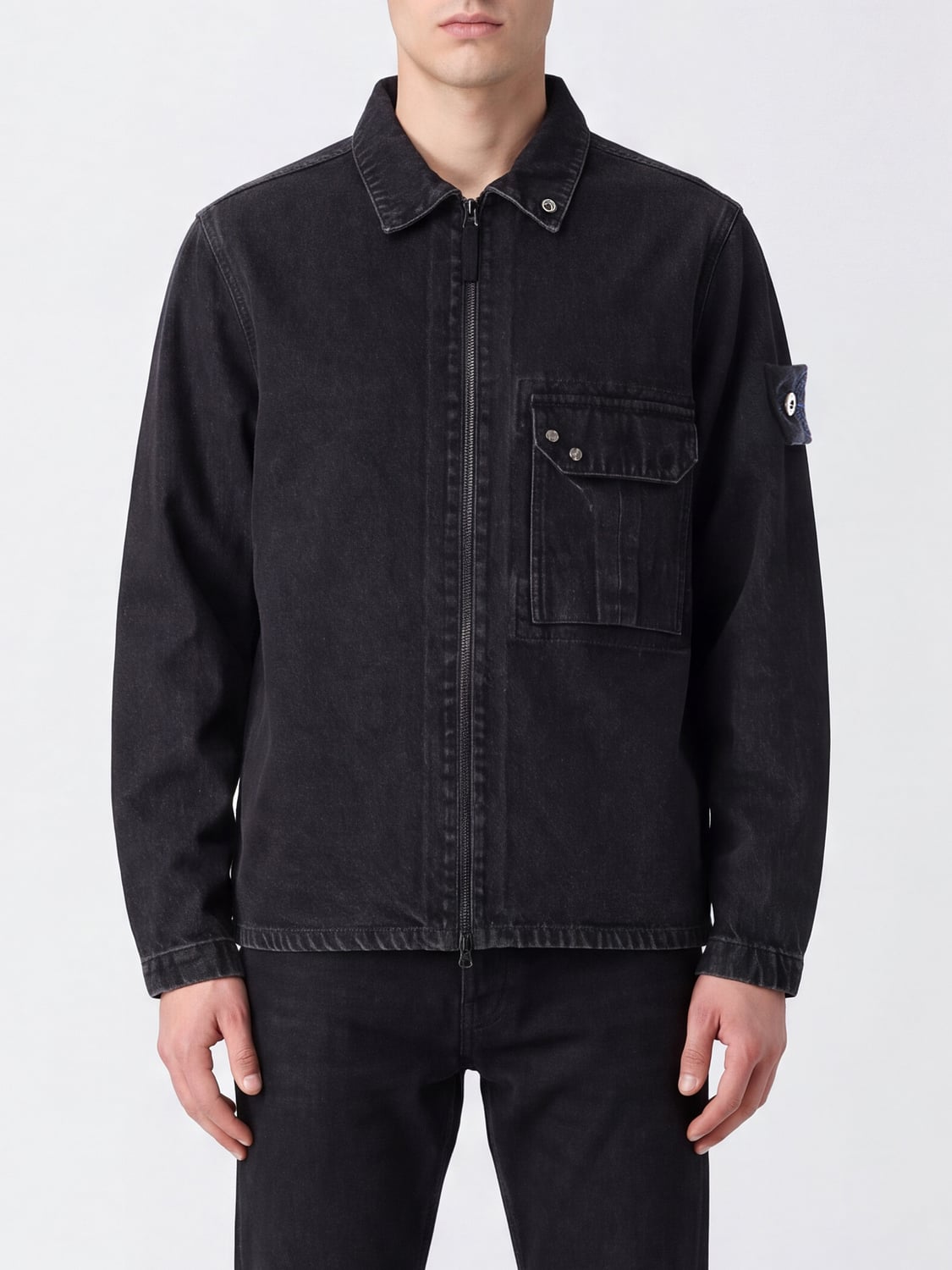 Stone Island Cotton Denim Overshirt with Zip Closure