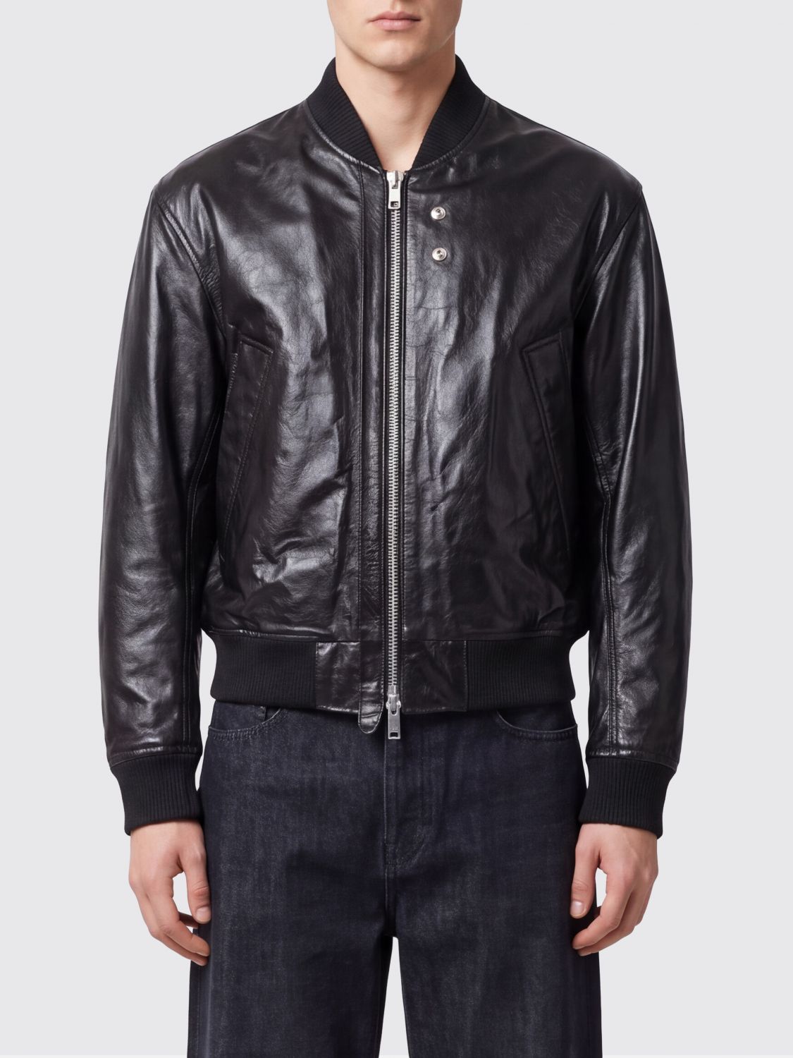 SUNFLOWER Leather Bomber Jacket with Zip Closure and Elasticated Hem SUNFLOWER Leather Bomber Jacket with Zip Closure and Elasticated Hem