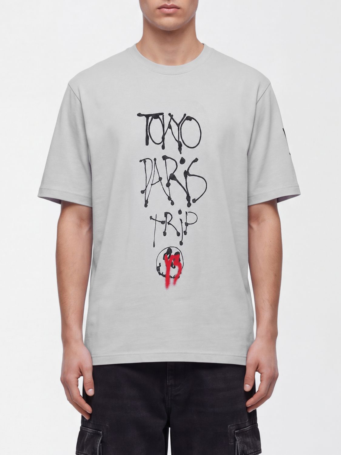 Y-3 Graues Baumwoll-T-Shirt mit kontrastierendem Logo- und Slogan-Print