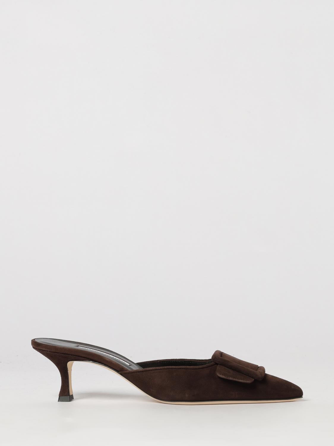Manolo Blahnik Maysale Suede Mules with Buckle and Mid Heel