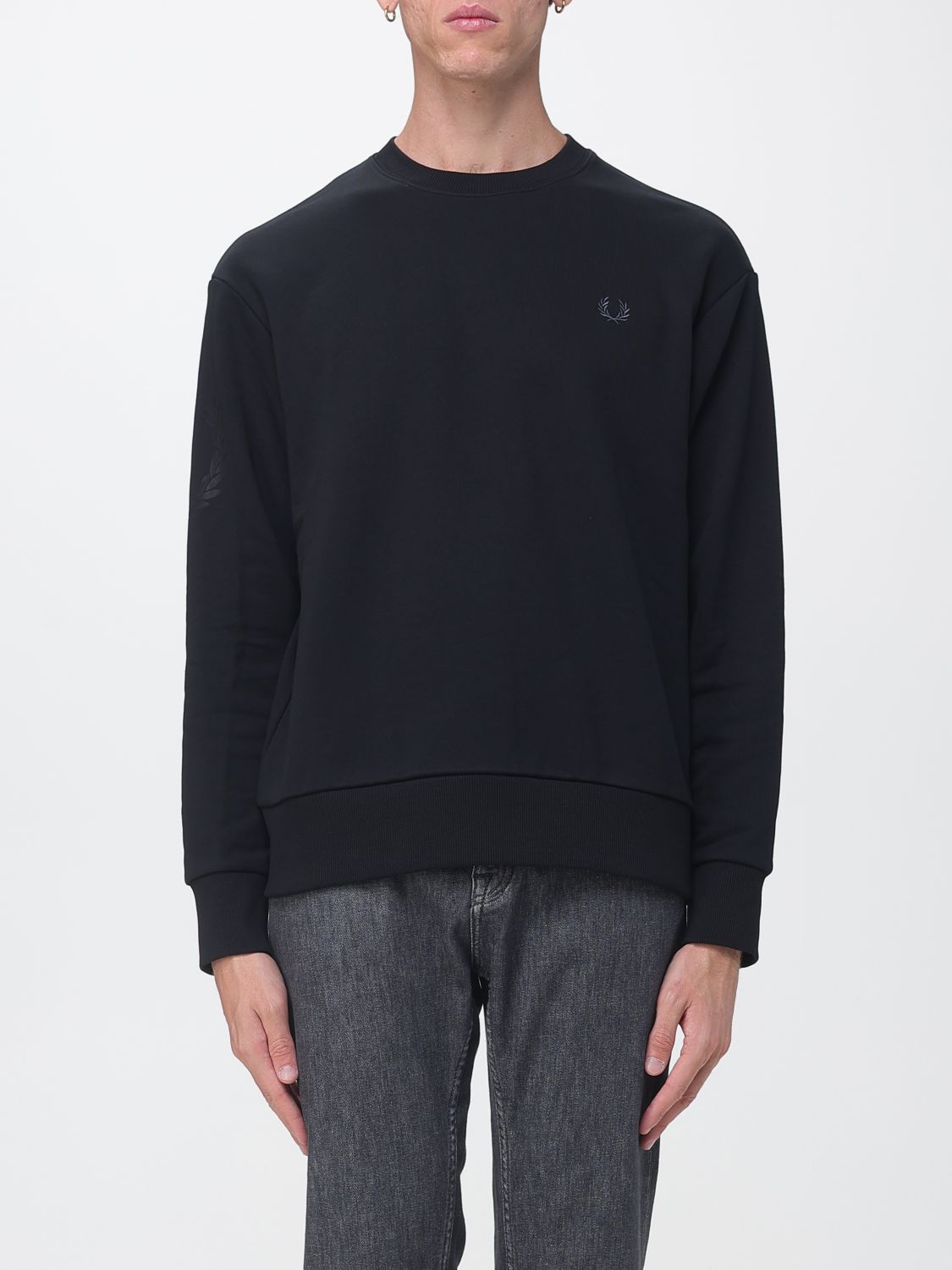 Fred Perry Cotton Crewneck Sweatshirt with Embroidered Logo and Dropped Shoulders