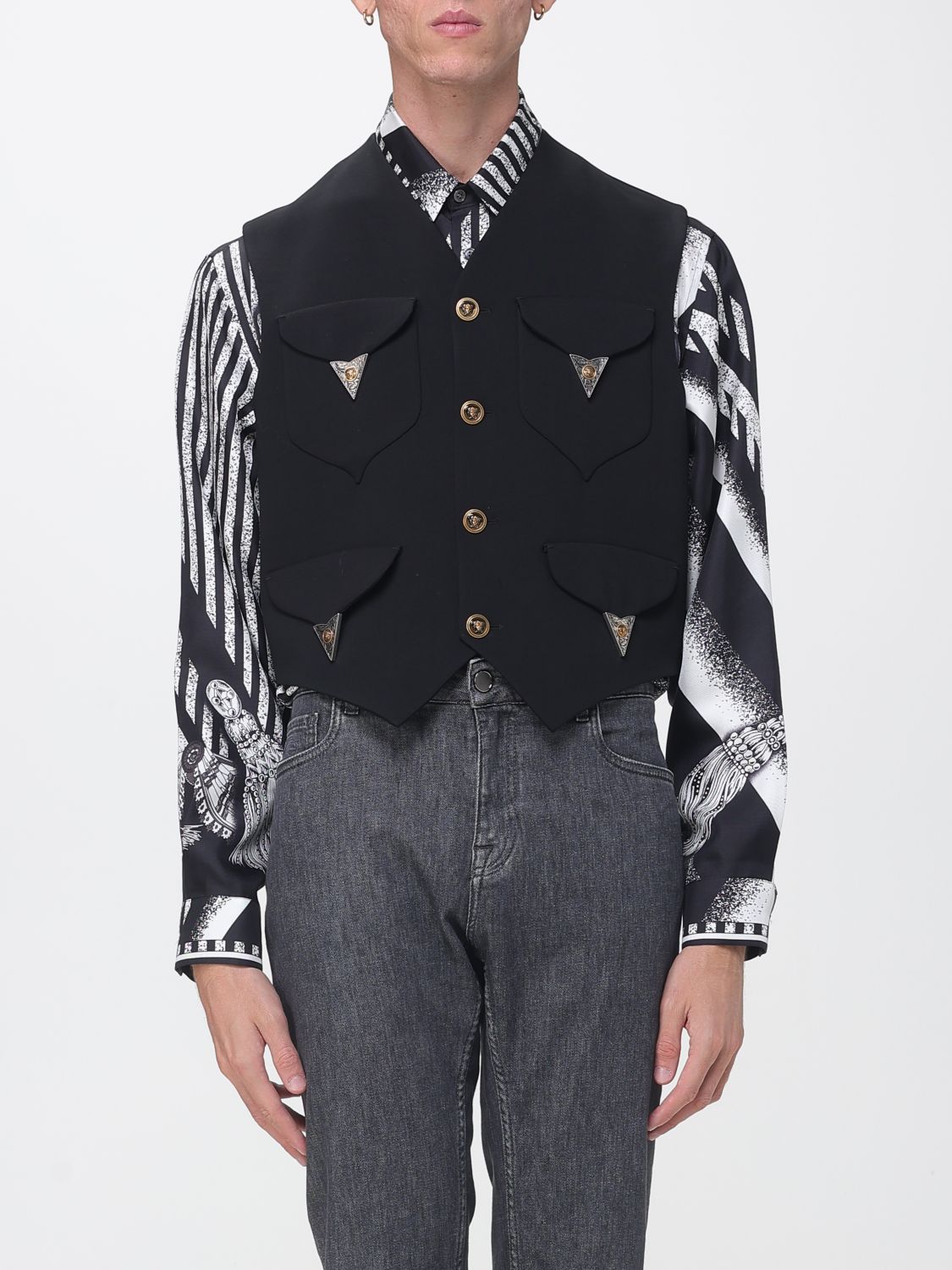 VERSACE Virgin Wool Tailored Waistcoat with V-Neck and Metallic Buttons