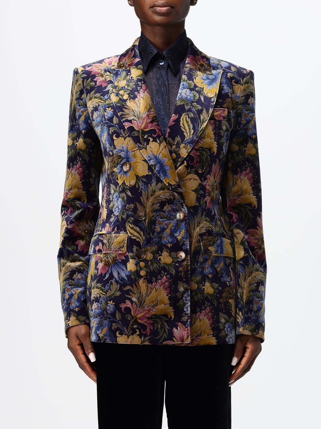ETRO Floral Print Velvet Double-Breasted Blazer with Peak Lapels