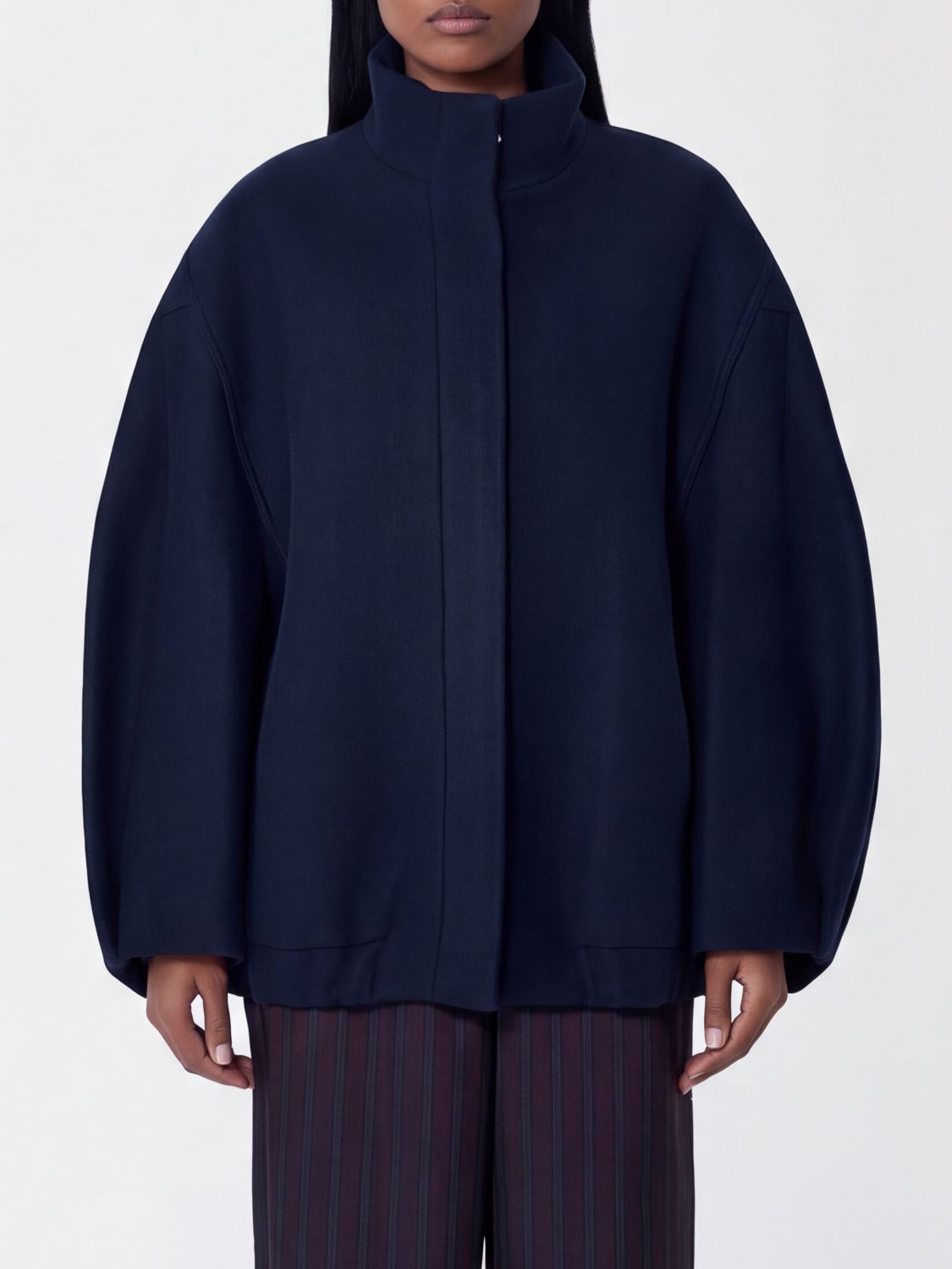 DRIES VAN NOTEN Wool-Blend Short Coat with Balloon Sleeves and Funnel Neck DRIES VAN NOTEN Wool-Blend Short Coat with Balloon Sleeves and Funnel Neck