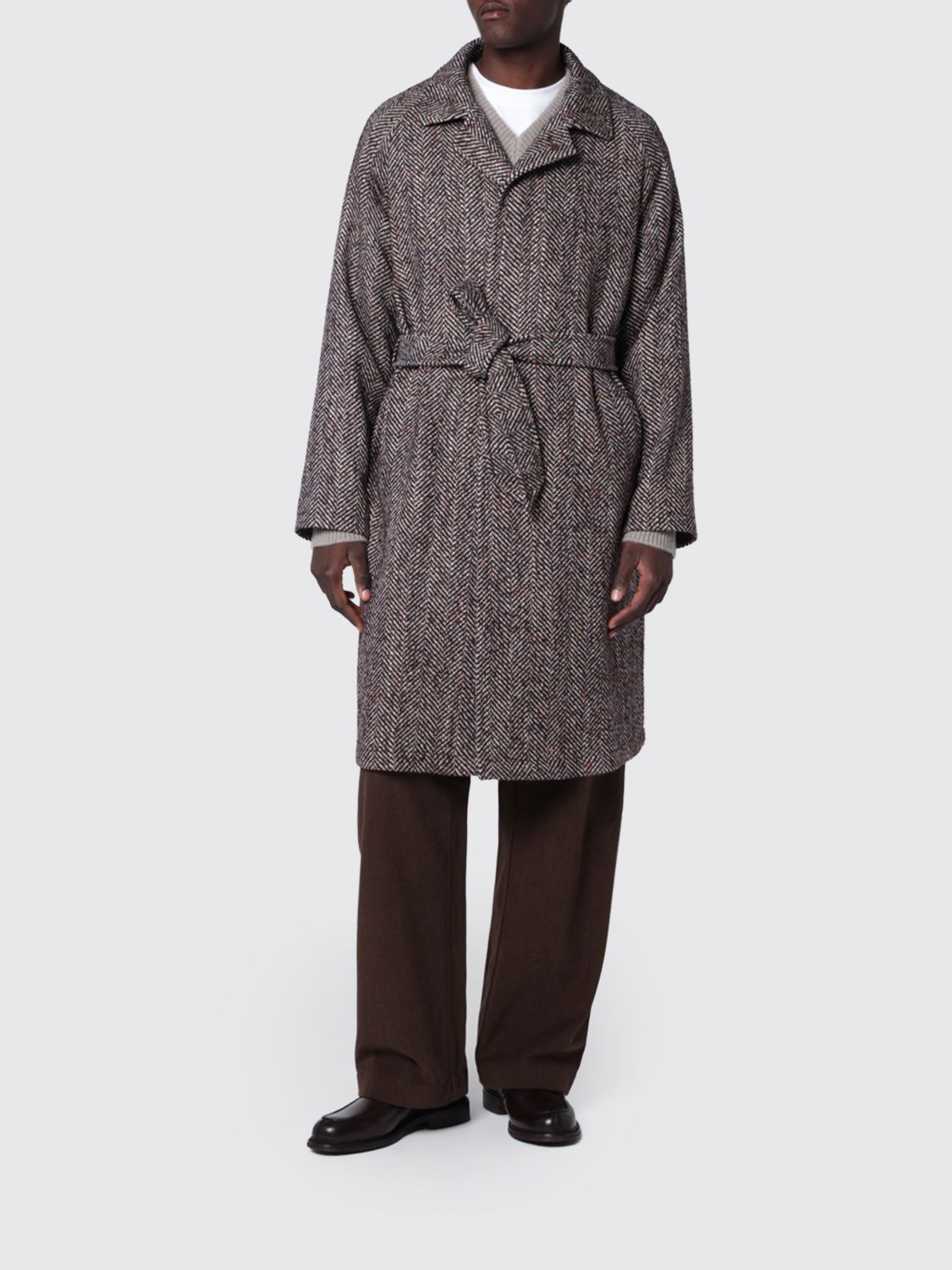 TAGLIATORE Chevron Pattern Wool Blend Belted Robe Coat TAGLIATORE Chevron Pattern Wool Blend Belted Robe Coat