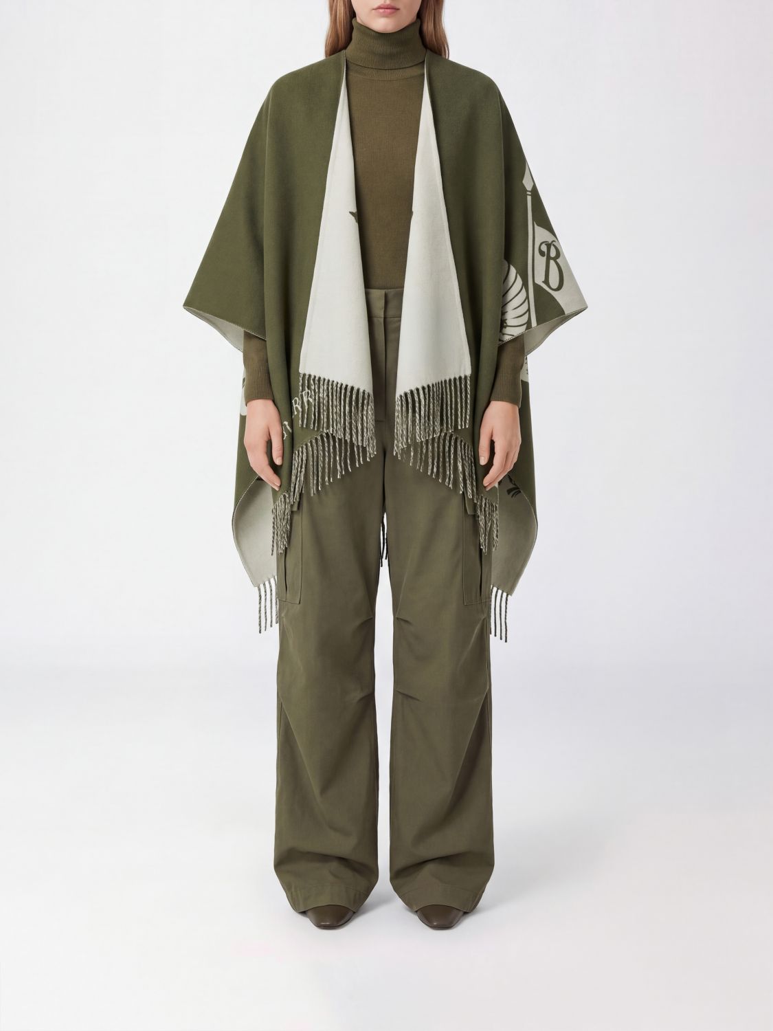 BURBERRY Asymmetrischer Cape aus Wolle und Kaschmir mit Fransen und Logo