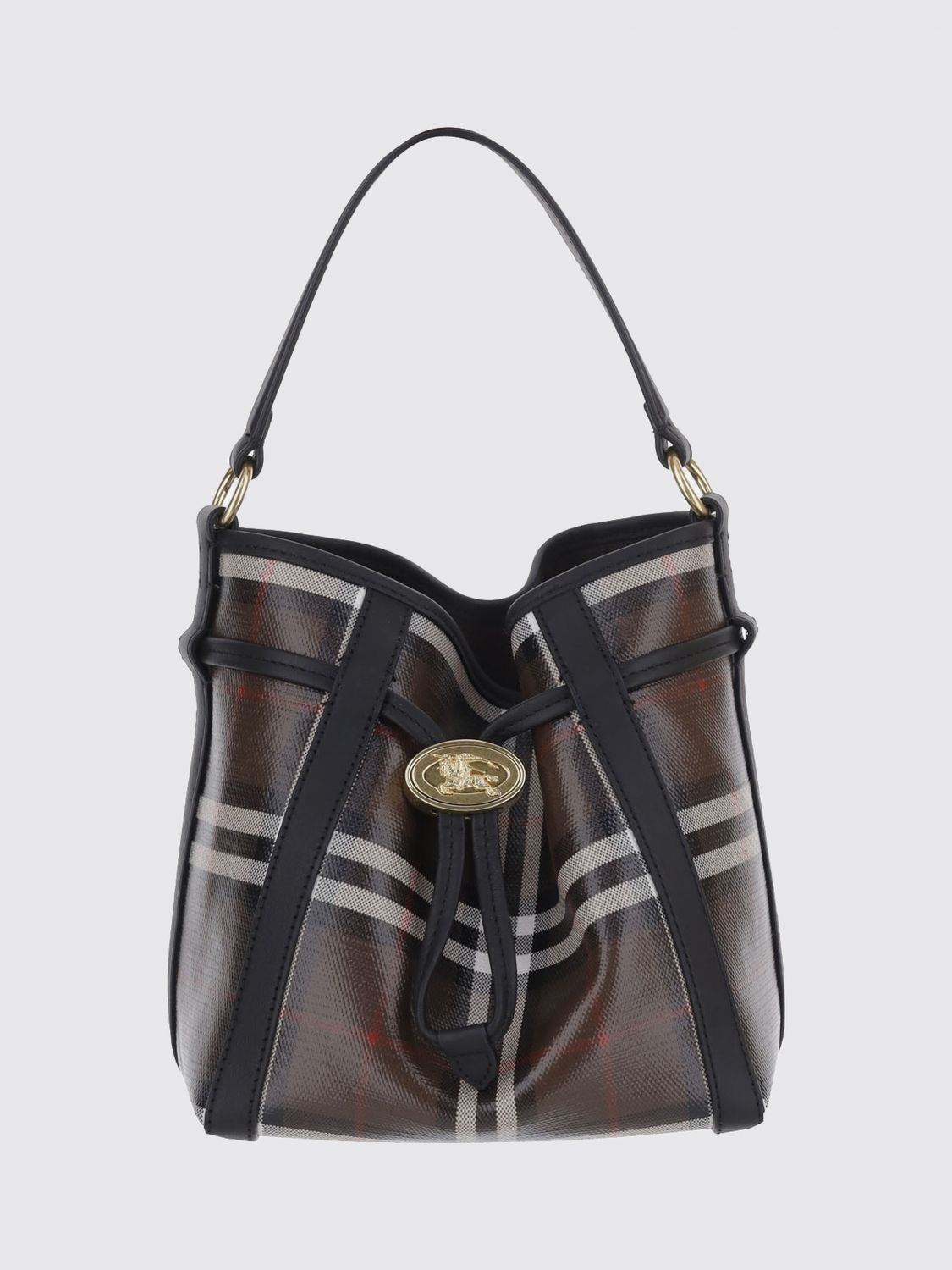 BURBERRY Small Vintage Check Bucket Bag with Leather Trim and Drawstring