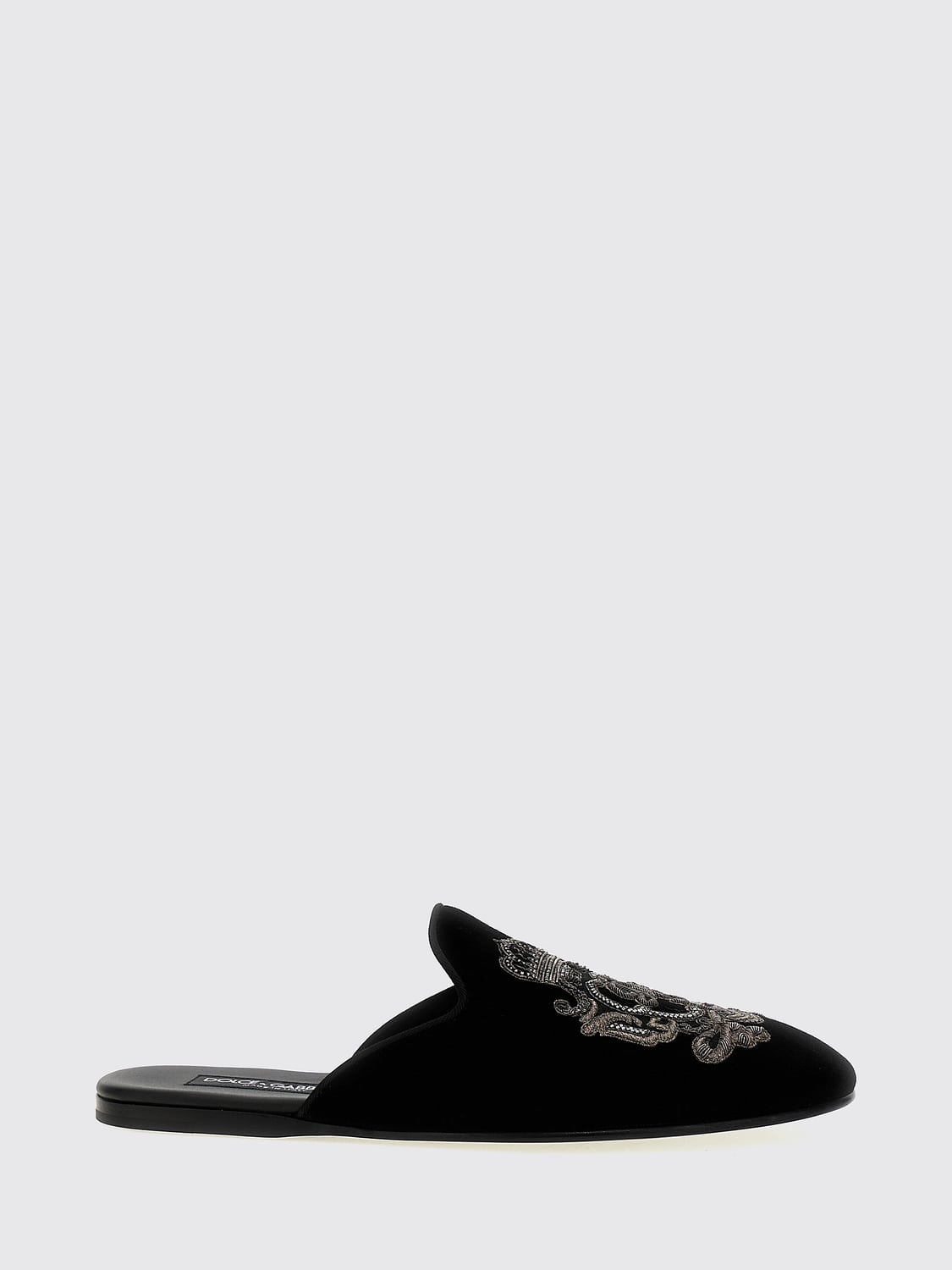 DOLCE & GABBANA Black Velvet Mules with Contrasting Embroidered Logo