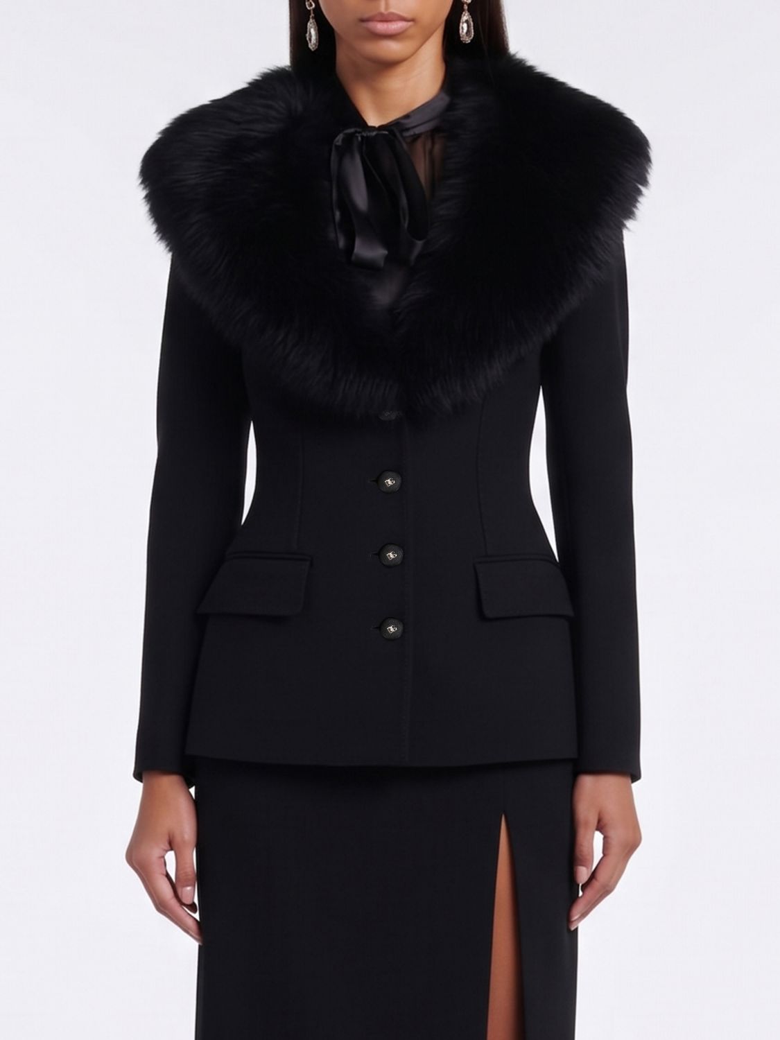 DOLCE & GABBANA Cappotto corto slim fit in lana vergine con collo in pelliccia