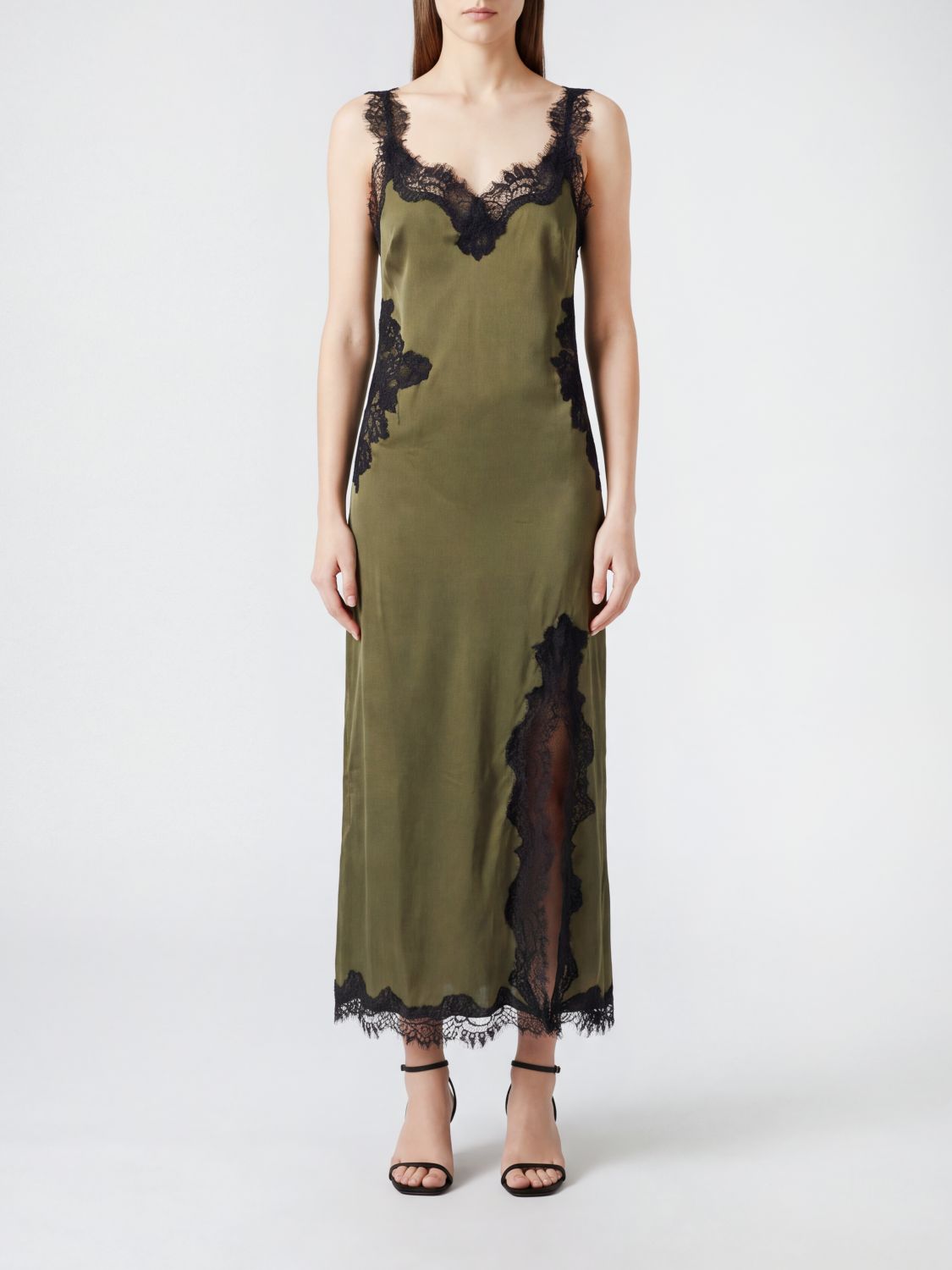 GOLD HAWK Midi Slip Dress in Silk with Slit and Lace Inserts