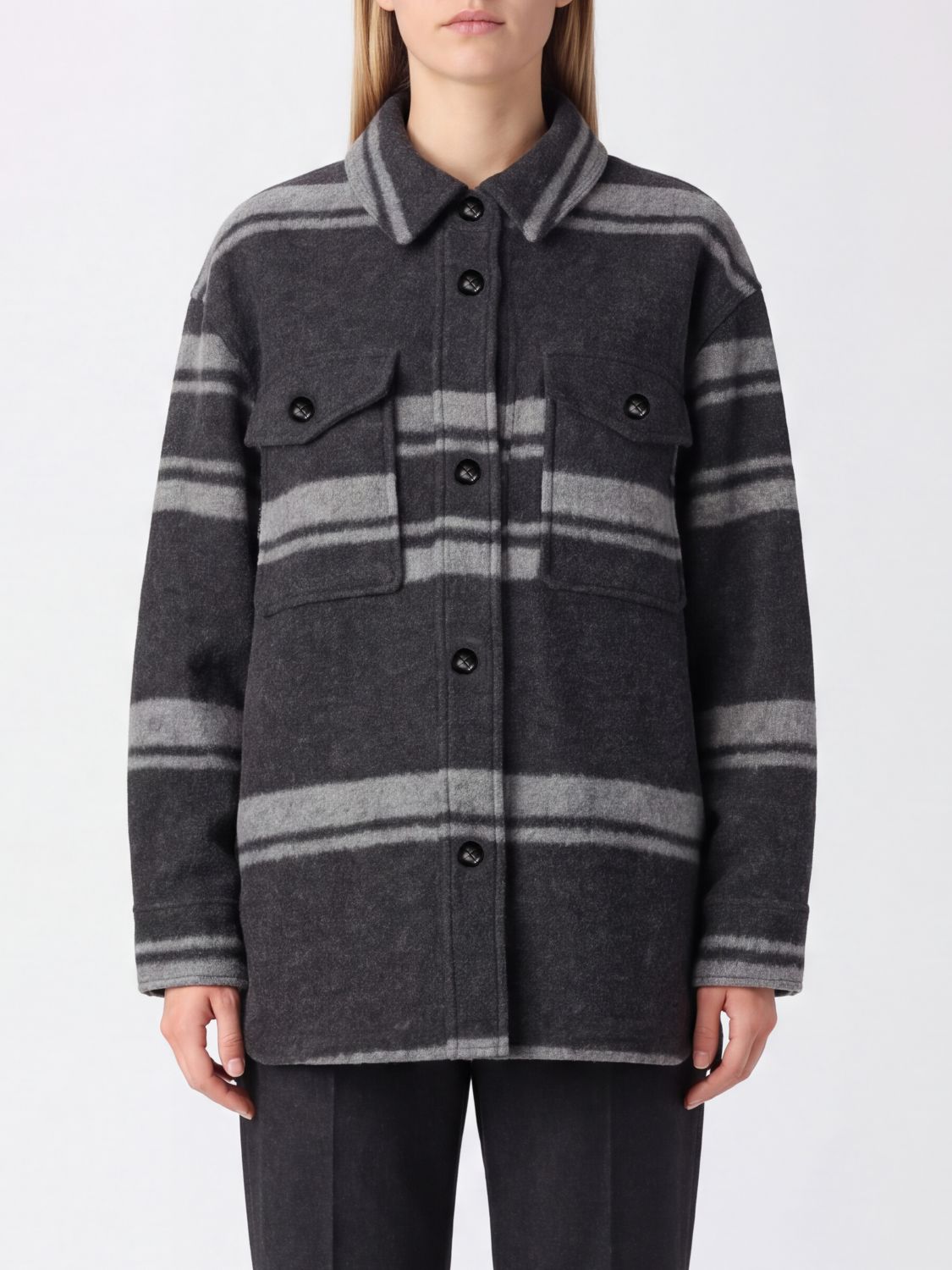 ISABEL MARANT ETOILE Striped Wool-Blend Shirt Jacket with a Relaxed Fit