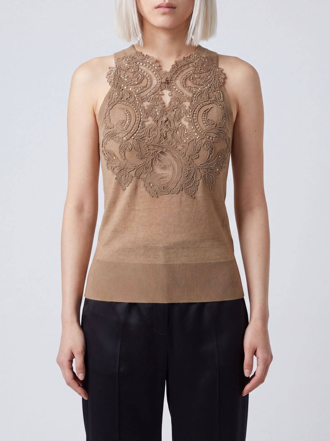 ERMANNO SCERVINO Slim Fit Virgin Wool V-Neck Top with Pearl Embroidery ERMANNO SCERVINO Slim Fit Virgin Wool V-Neck Top with Pearl Embroidery