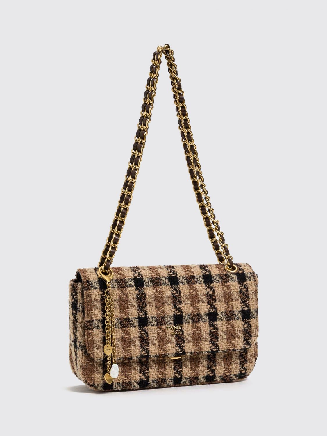 Twinset Check Fabric Shoulder Bag with Woven Chain Handle