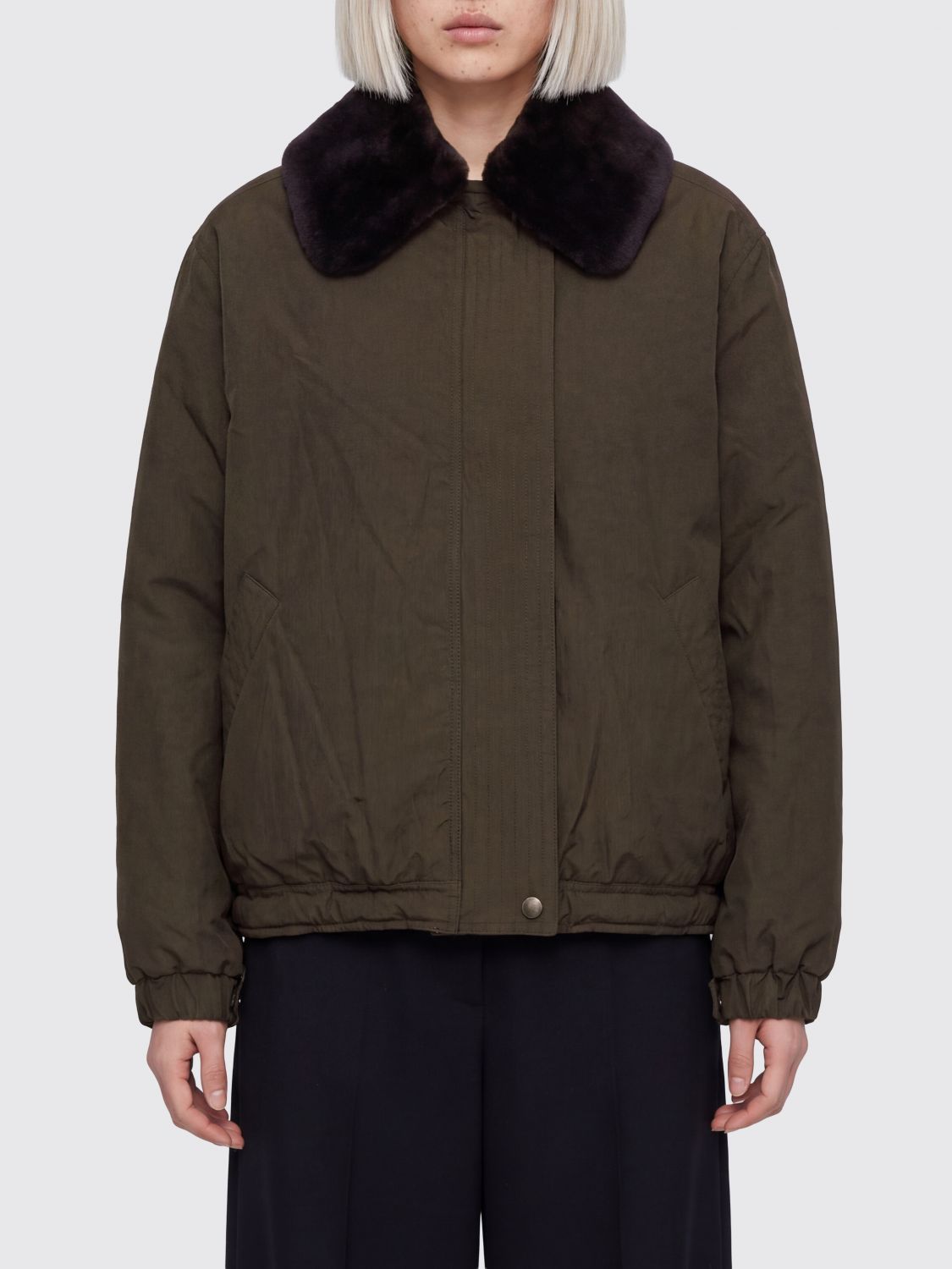 MAGDA BUTRYM Cropped Cotton Bomber Jacket with Fur Collar and Silk Lining