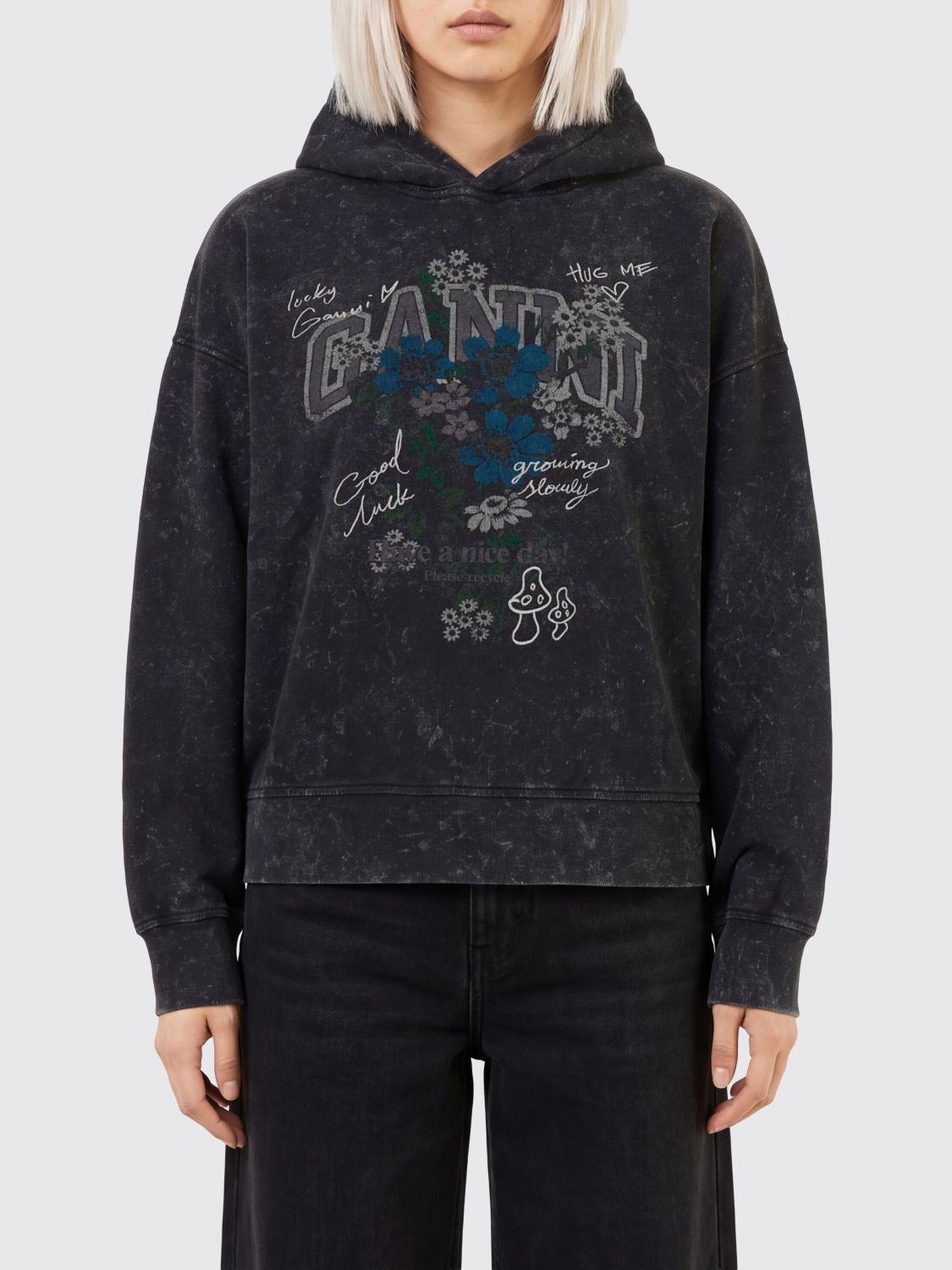 GANNI Organic Cotton Hoodie with Contrasting Logo Print
