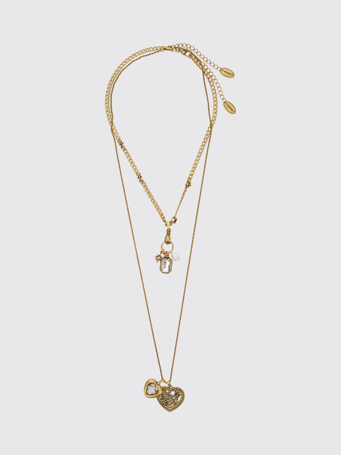 Twinset Multi-Strand Gold-Tone Necklace with Heart Charms and Crystals Twinset Multi-Strand Gold-Tone Necklace with Heart Charms and Crystals
