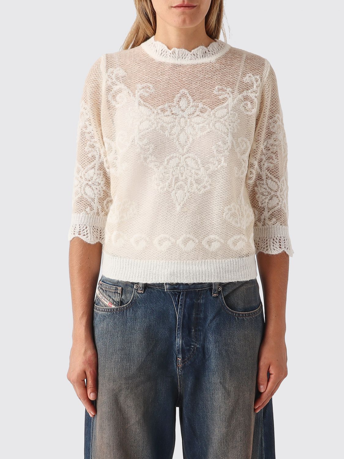 Twinset Top in maglia di misto lana trasparente con collo a rouches