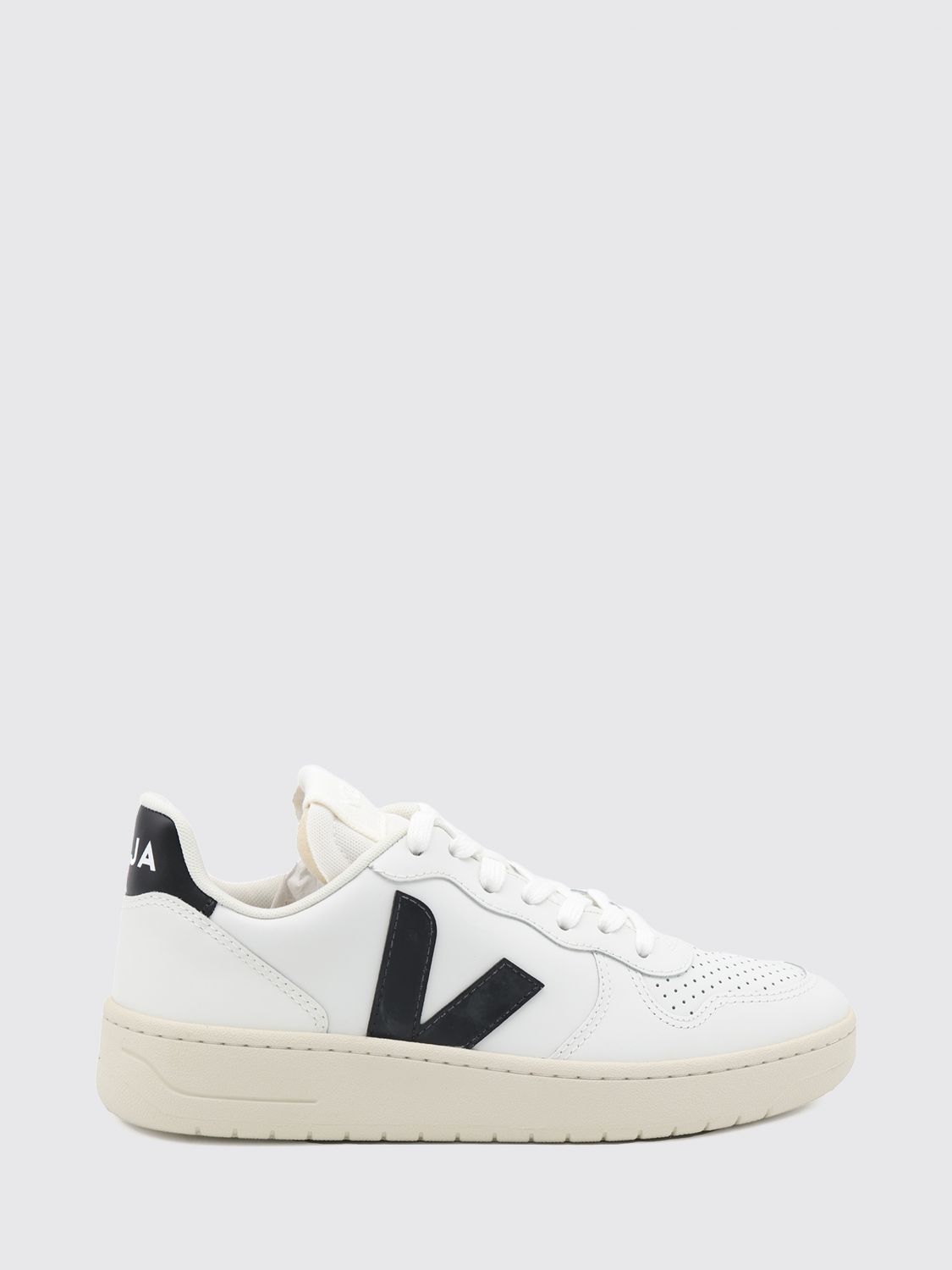 VEJA V-10 Leather Trainers with Contrasting V-Logo and Perforated Toe