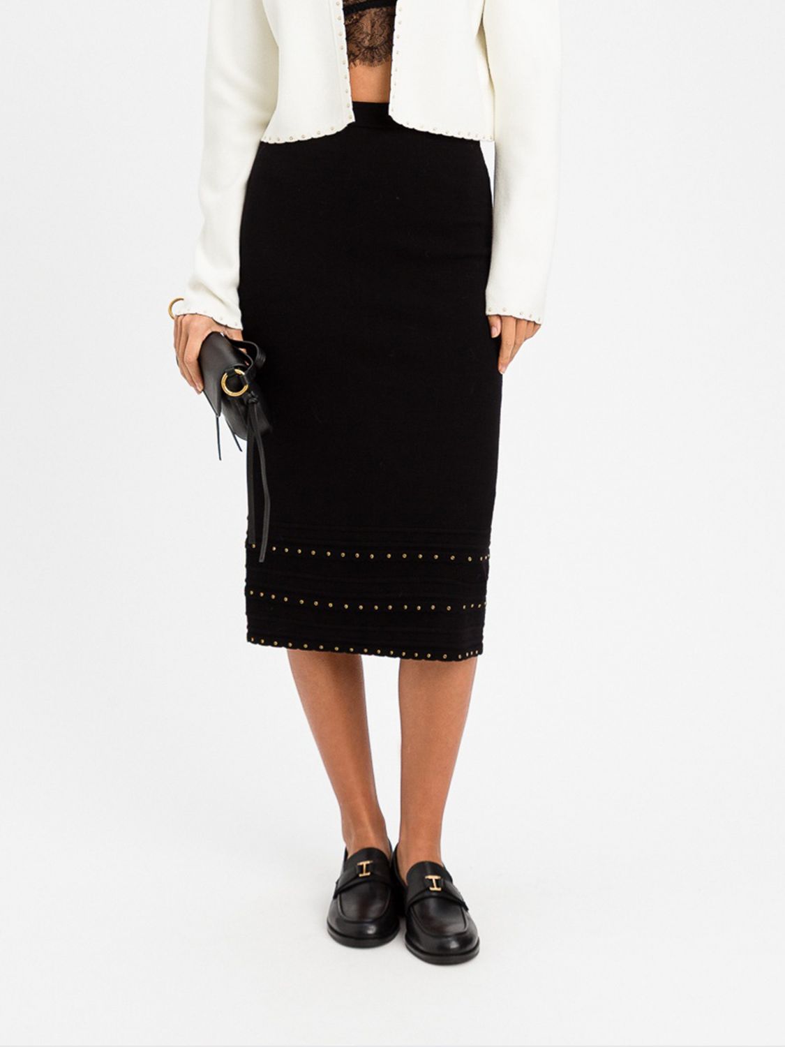 Twinset Slim Fit Studded Knit Midi Skirt with High Waist