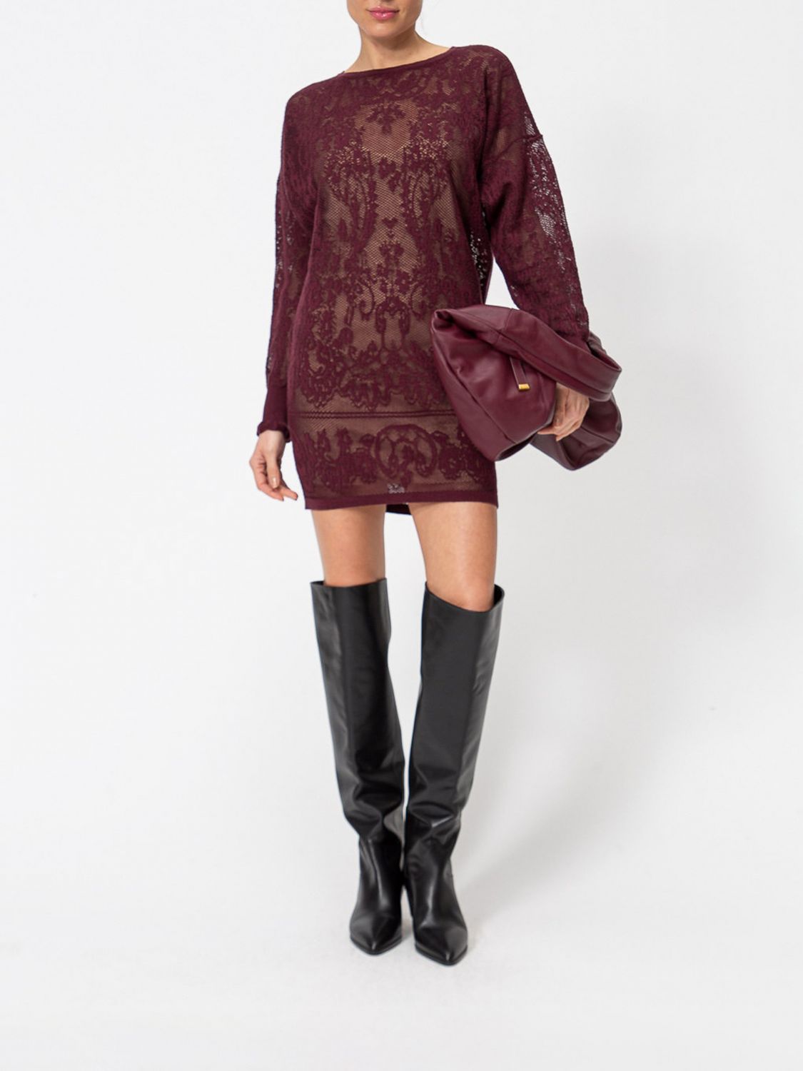 Twinset Relaxed Fit Knit Mini Dress with Lace and Dropped Shoulders