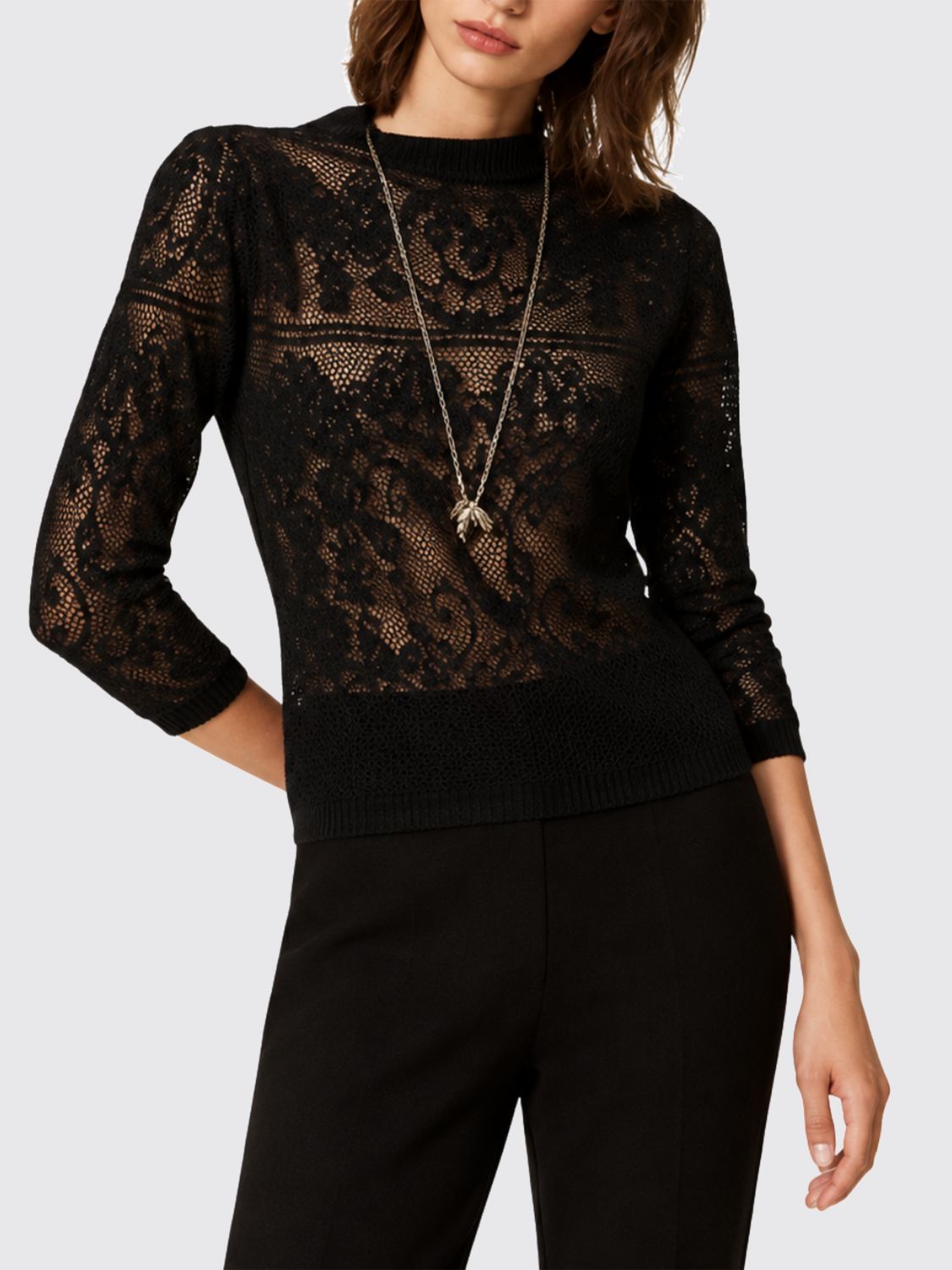 Twinset Maglia a lupetto slim fit in cotone e cashmere con ricamo