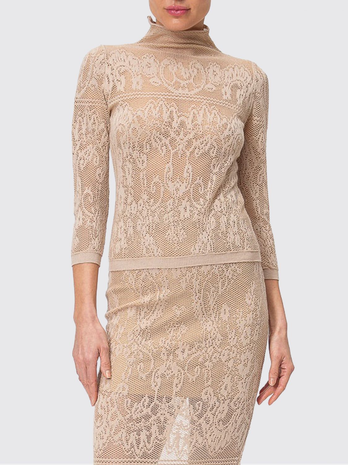 Twinset Embroidered Slim Fit Mock Neck Jumper in Cotton and Cashmere