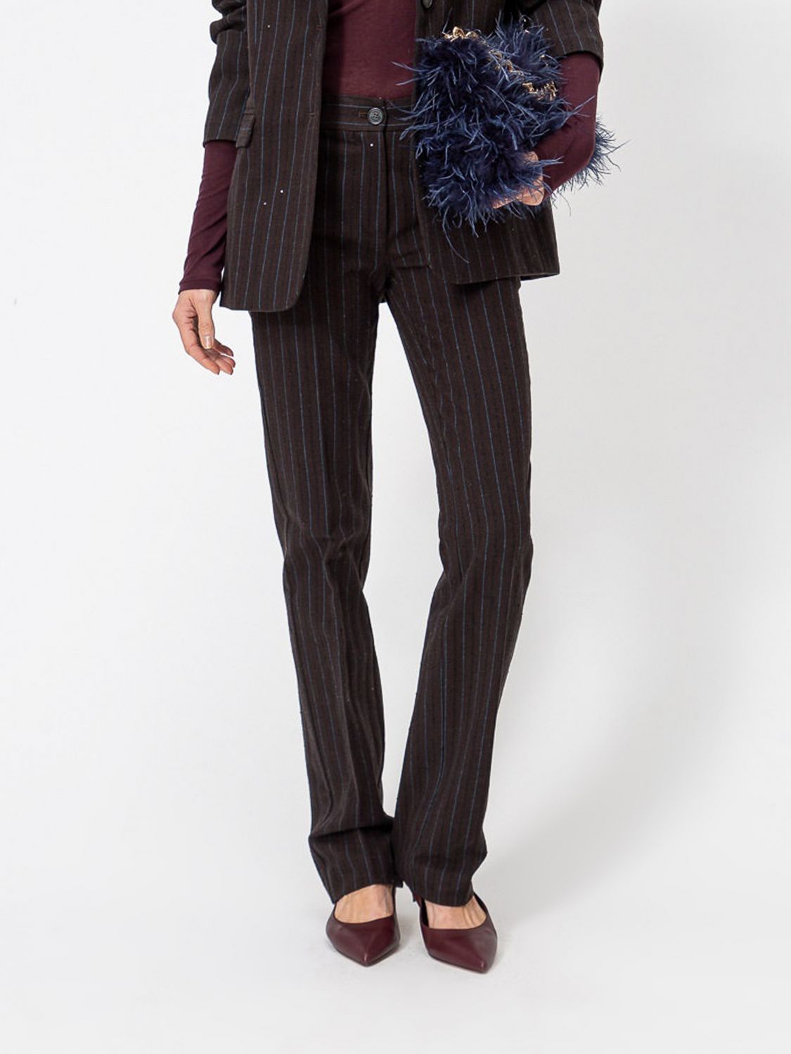 Twinset Pantaloni straight gessati in misto cotone a vita media