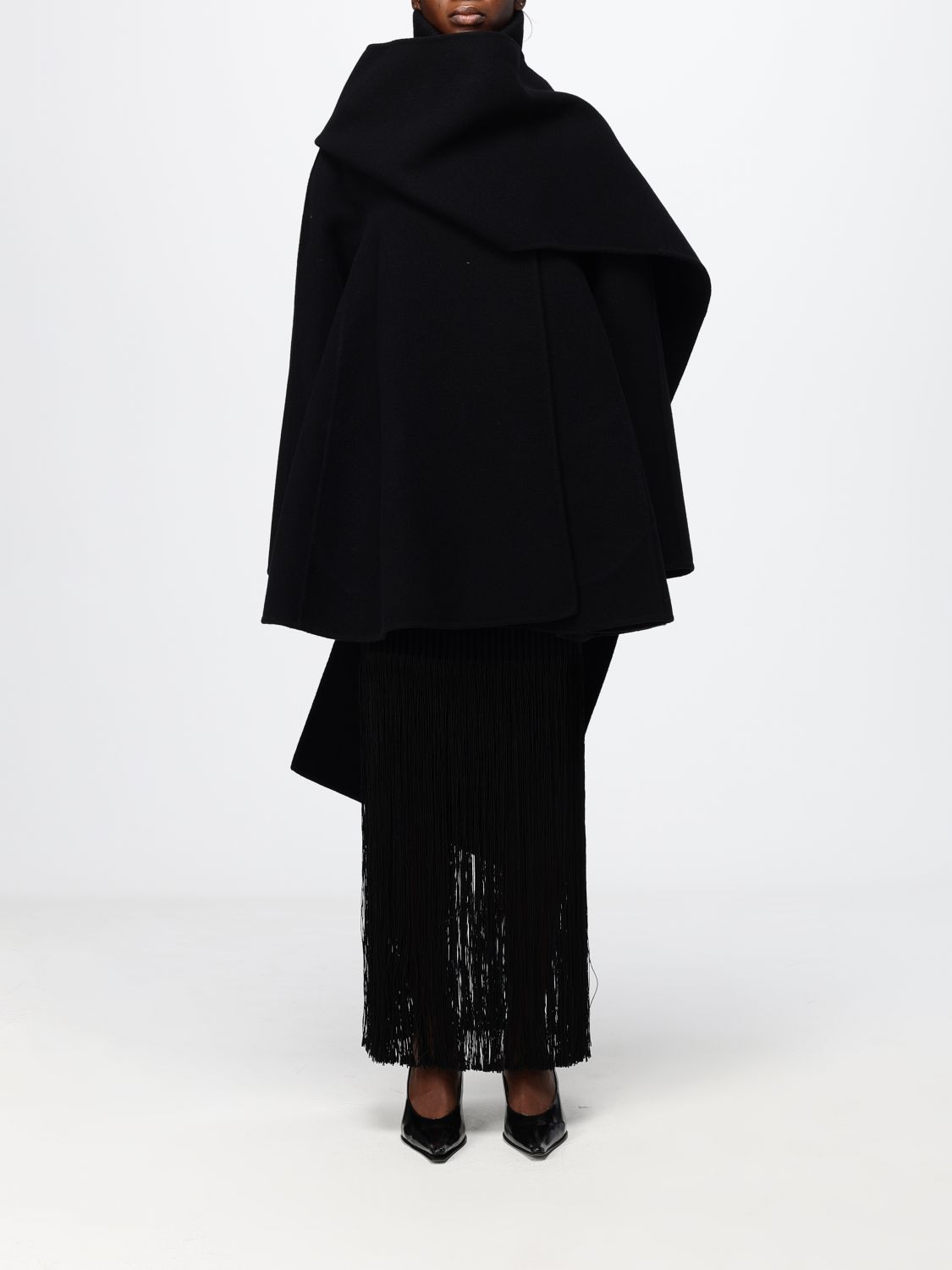 ALAÏA Long Wool Cape with Hood and Asymmetric Hem