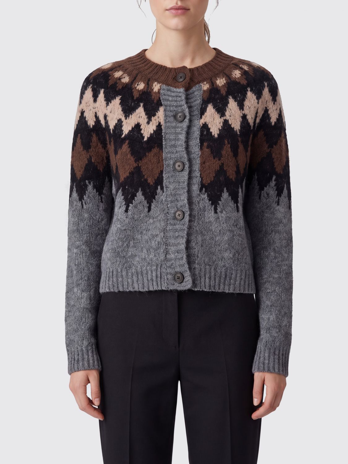 TELA Argyle Pattern Mohair and Wool Blend Cardigan with Crew Neck TELA Argyle Pattern Mohair and Wool Blend Cardigan with Crew Neck