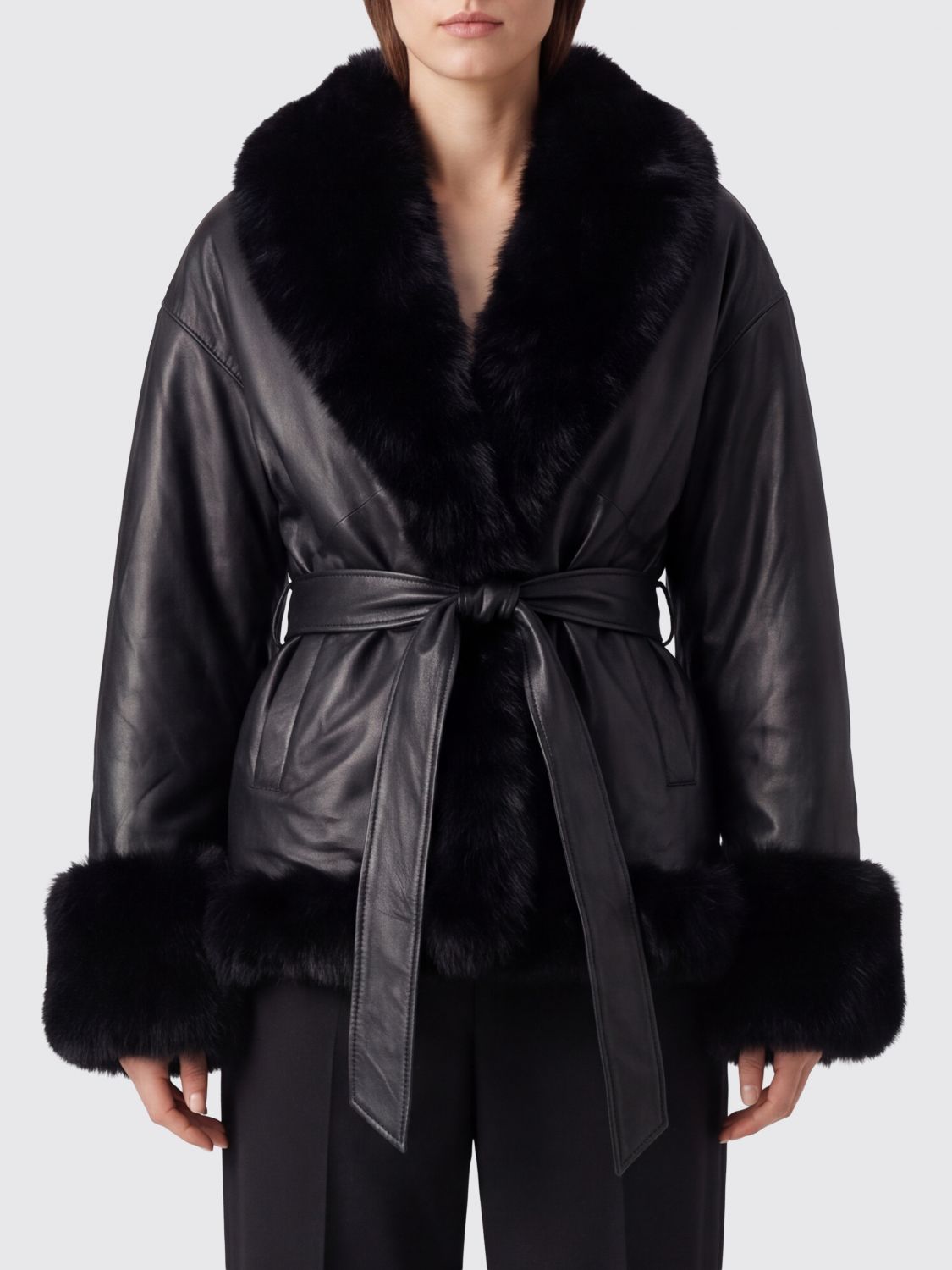 ROTATE Short Lamb Leather Jacket with Fur Collar and Cuffs ROTATE Short Lamb Leather Jacket with Fur Collar and Cuffs