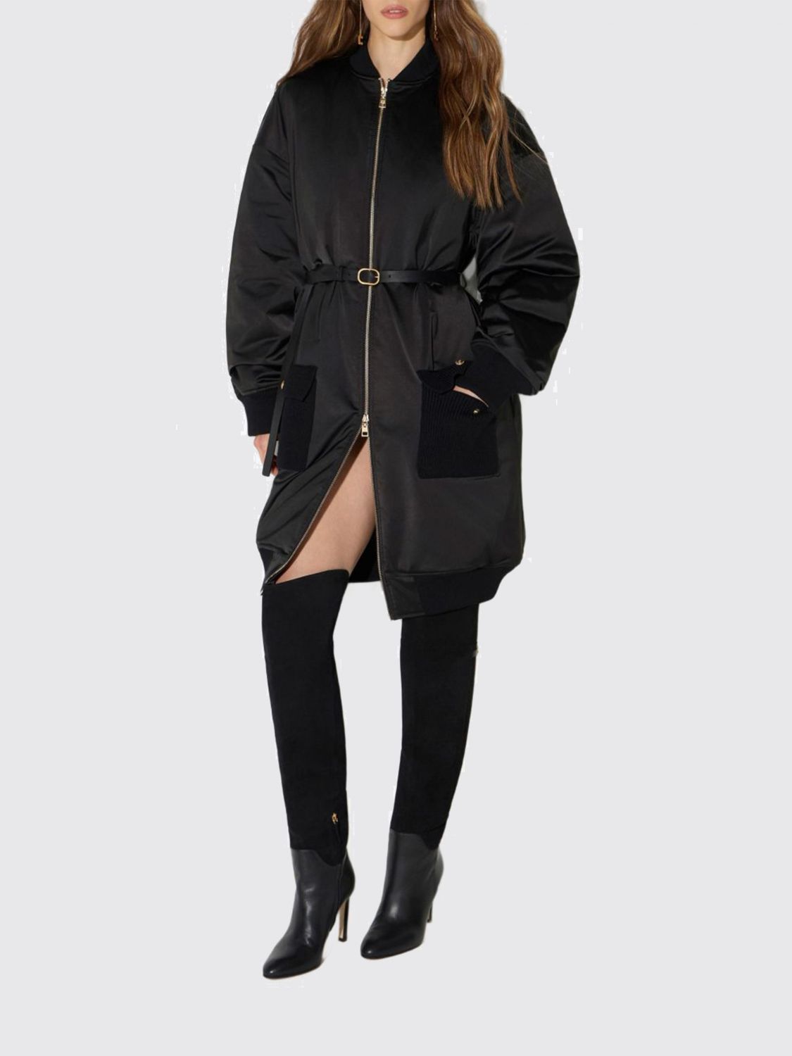 ELISABETTA FRANCHI Long Padded Bomber Jacket with High Neck and Waist Belt ELISABETTA FRANCHI Long Padded Bomber Jacket with High Neck and Waist Belt