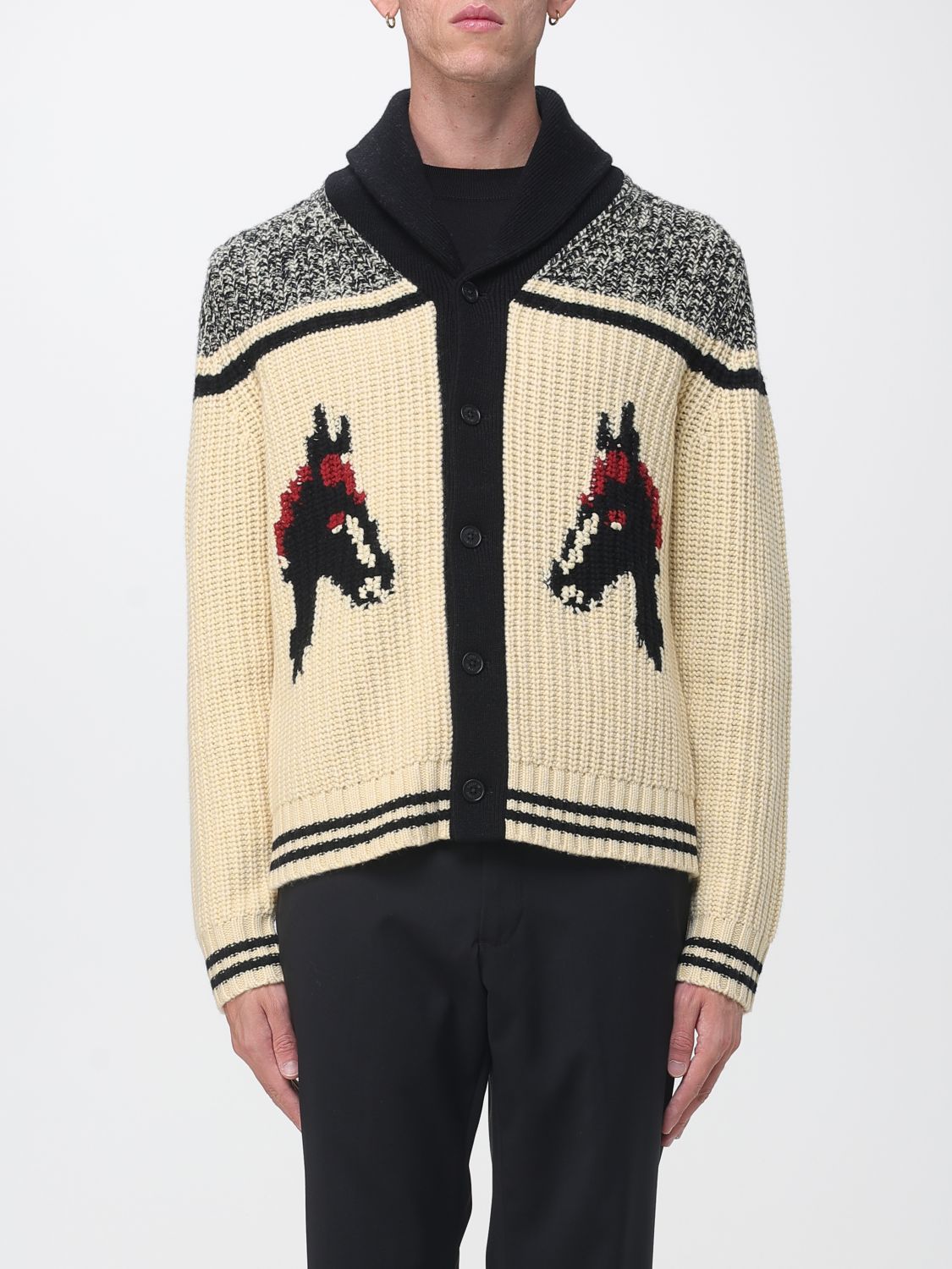 Guest In Residence Wool and Cashmere Cardigan with Jacquard Motif and Shawl Collar